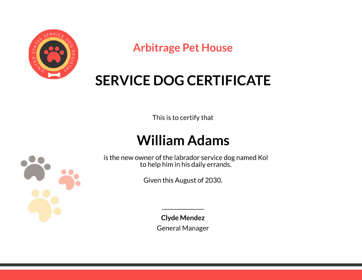 Printable Blank Service Dog Certificate