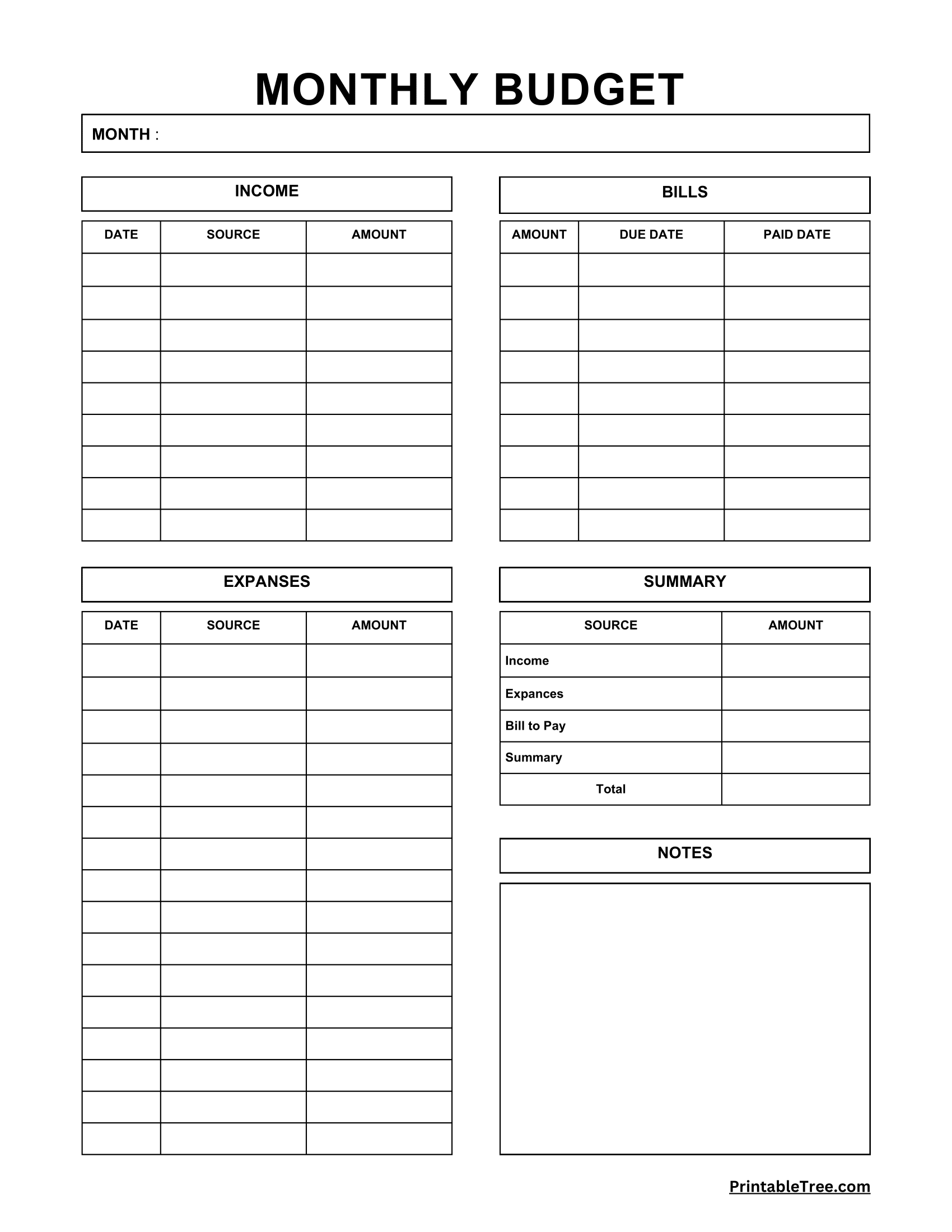 Blank Printable Budget Form