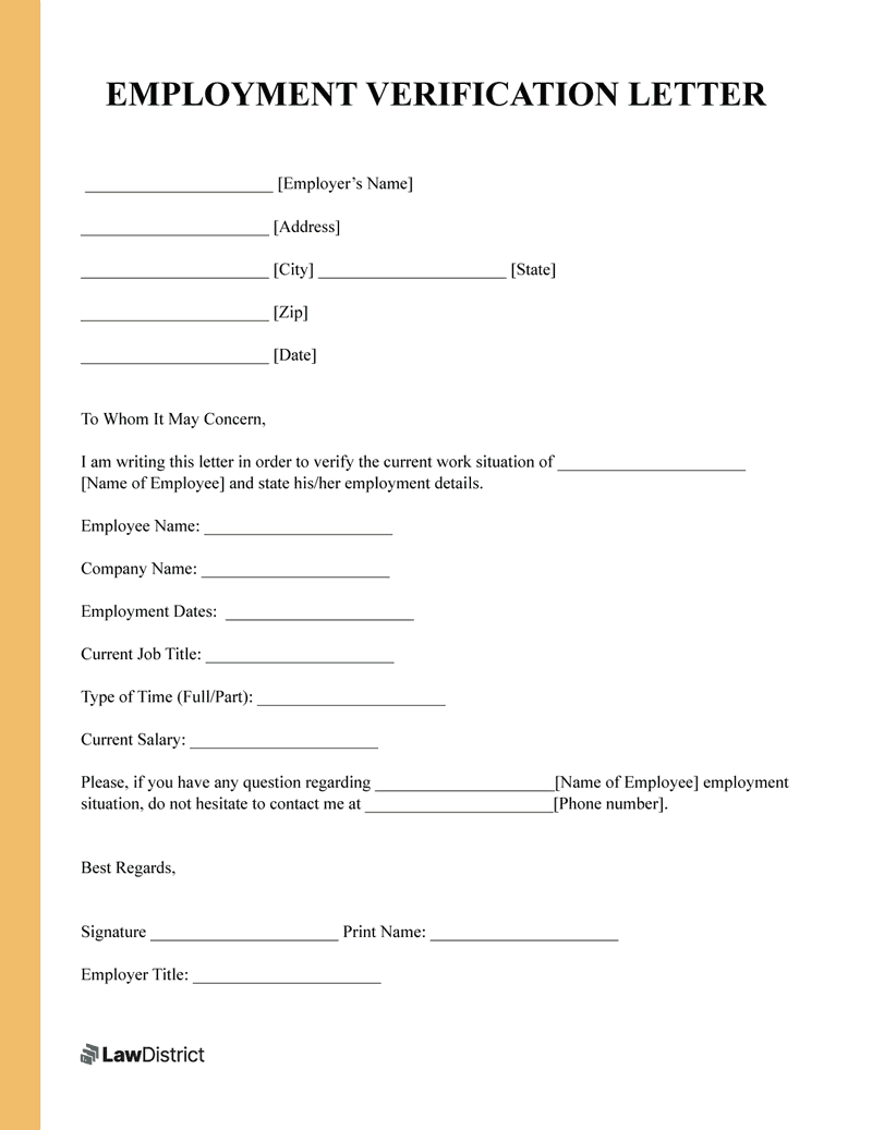Free Employment Verification Letter PDF Word Template LawDistrict