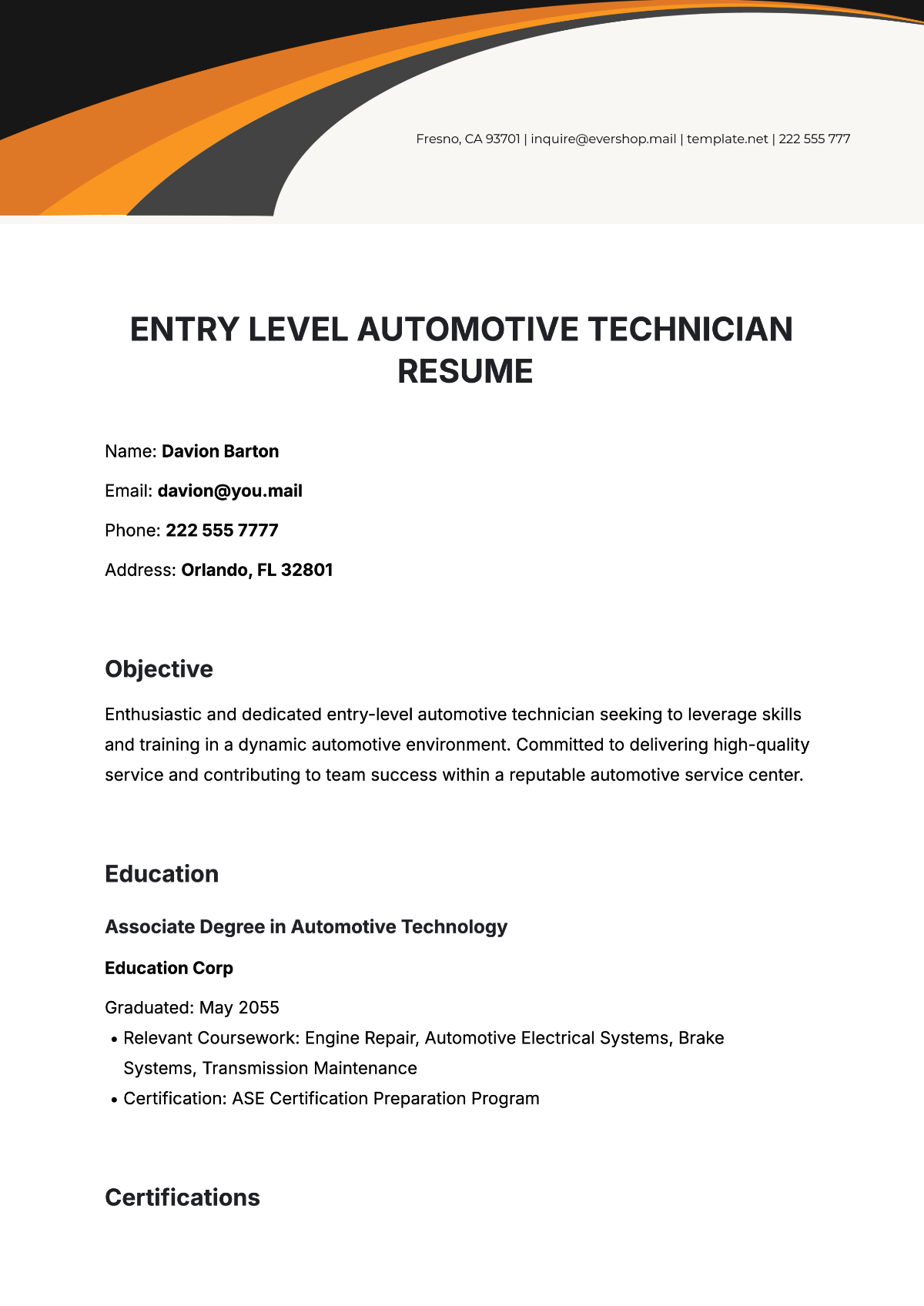 Free Entry Level Automotive Technician Resume Template To Edit Online
