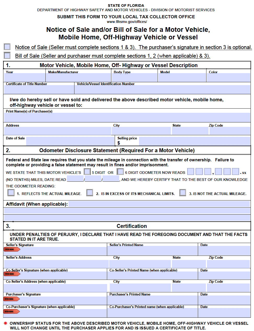 Free Florida DMV Bill Of Sale Form For Motor Vehicle Trailer Or Boat PDF