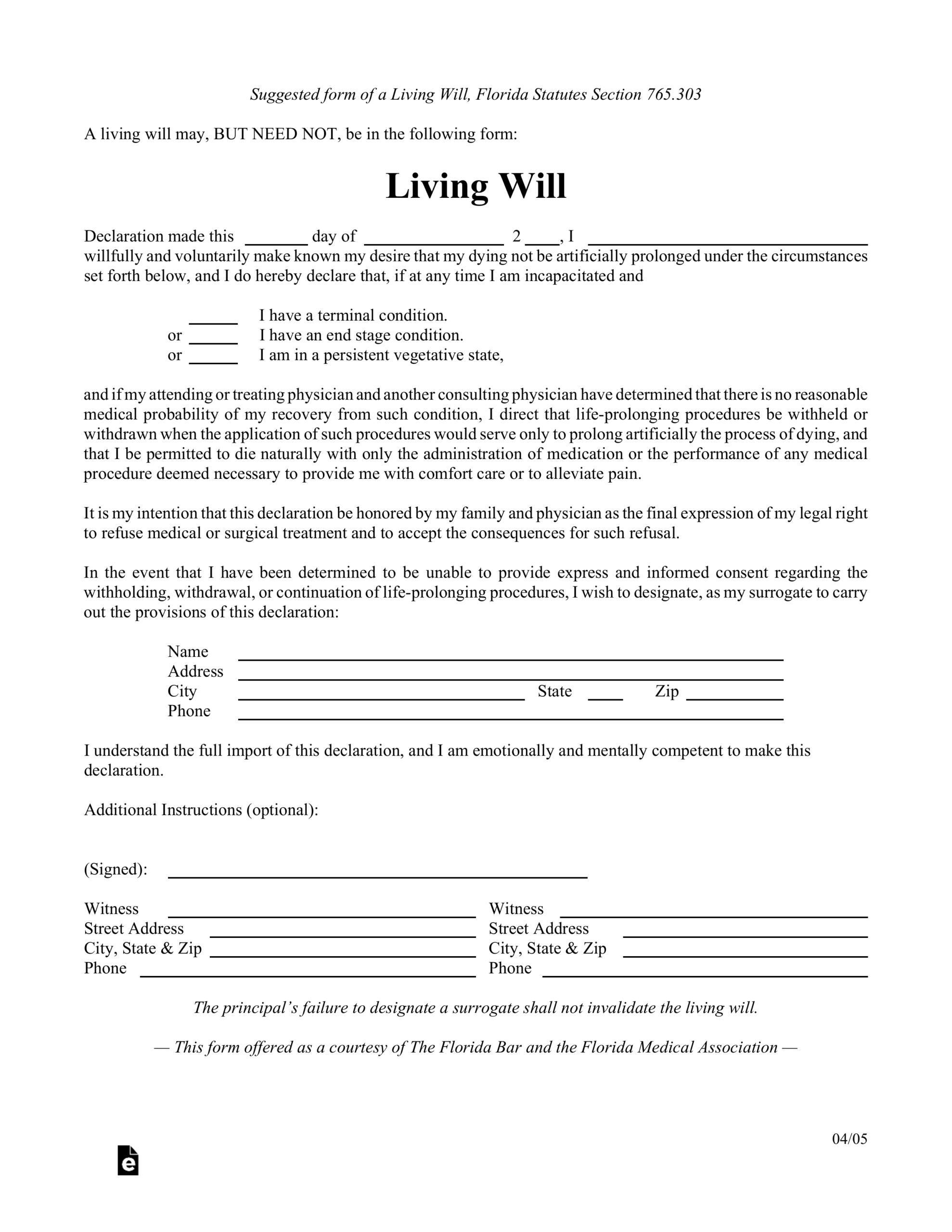 Printable Free Living Will Form Blank