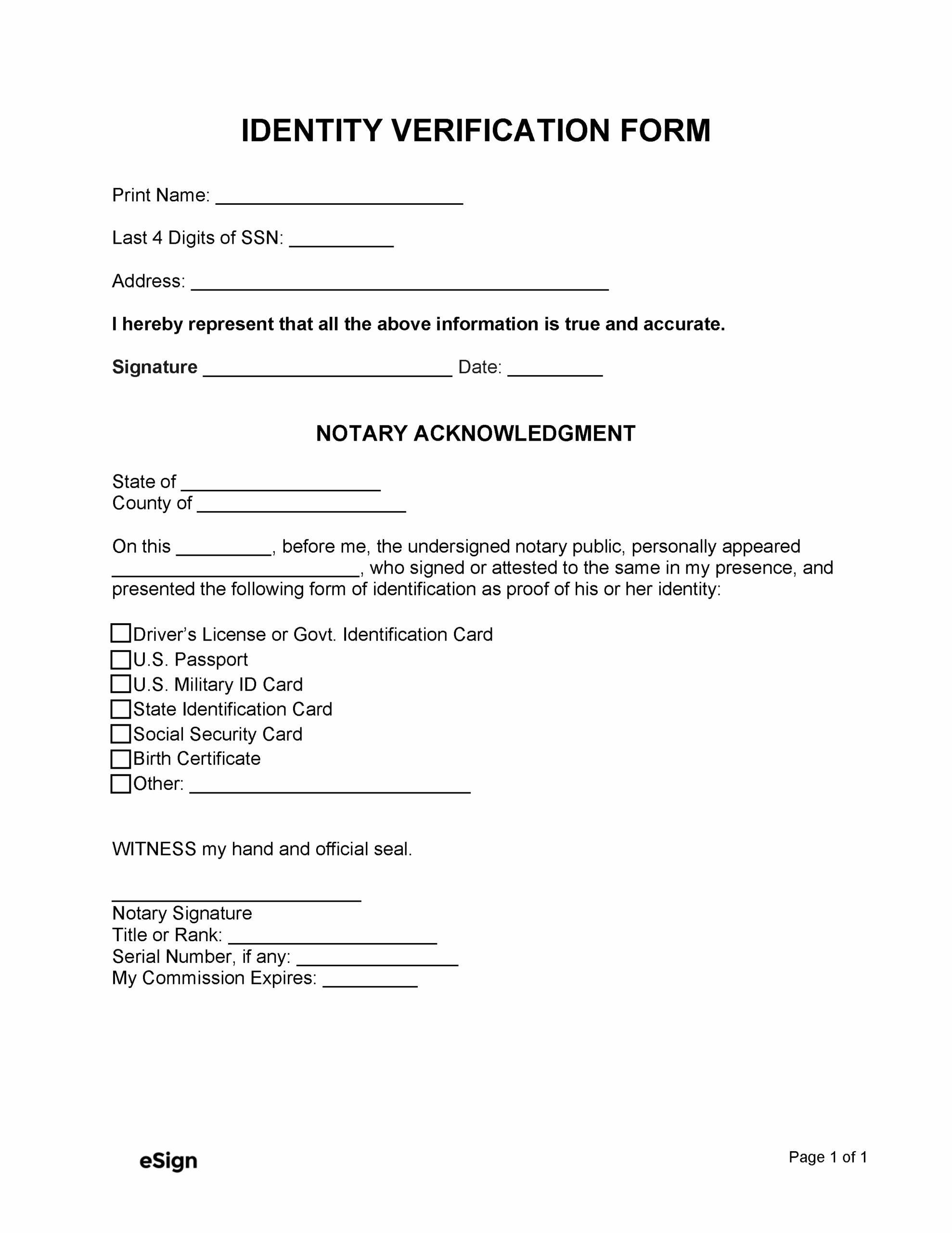 Free Identity Verification Form PDF Word