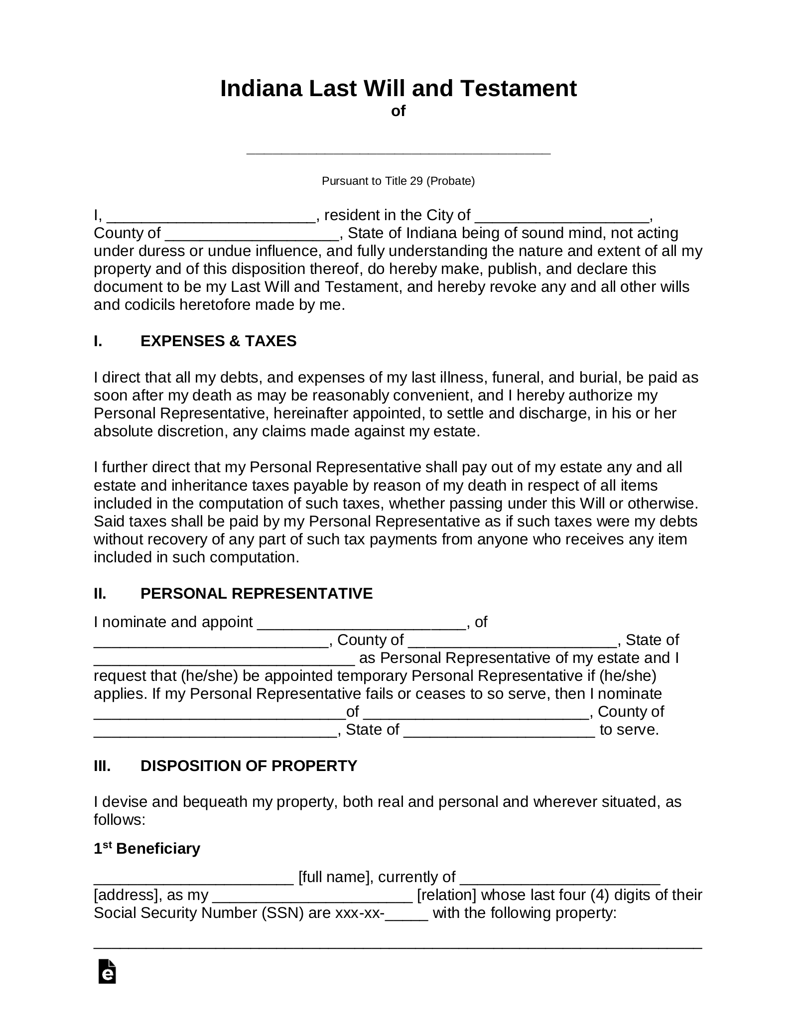 Free Printable Blank Will Form