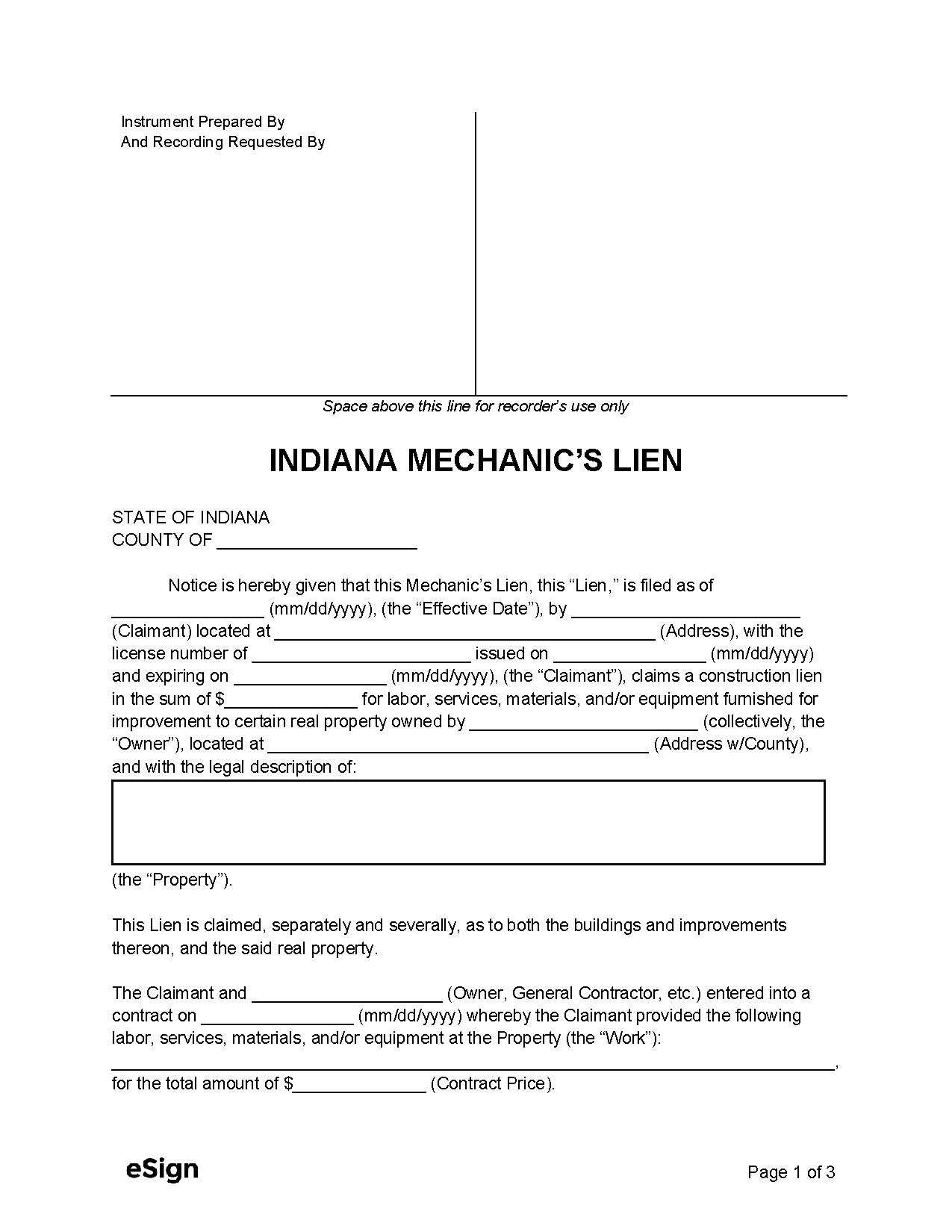 Free Indiana Mechanic s Lien Form PDF Word