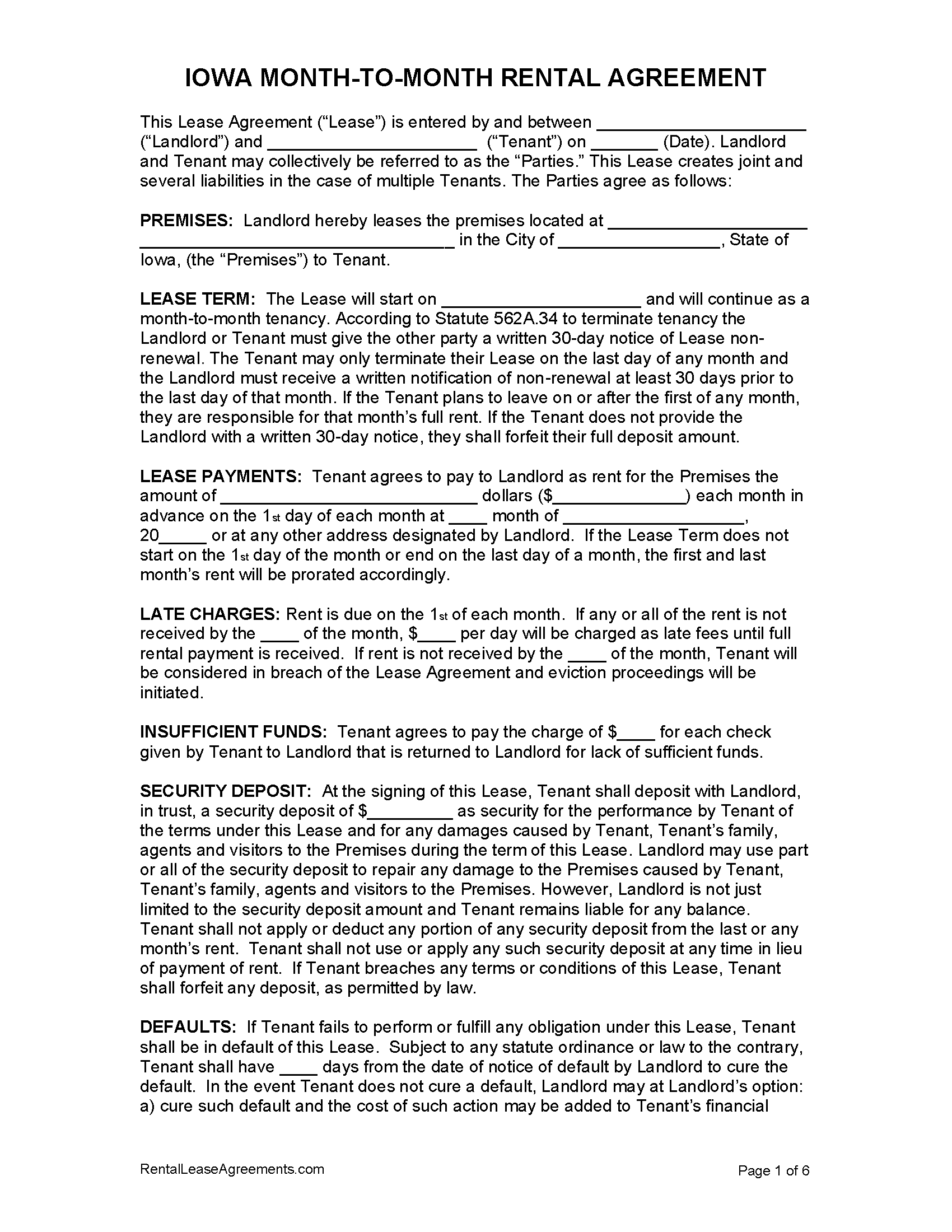 Free Iowa Month To Month Rental Agreement PDF MS Word