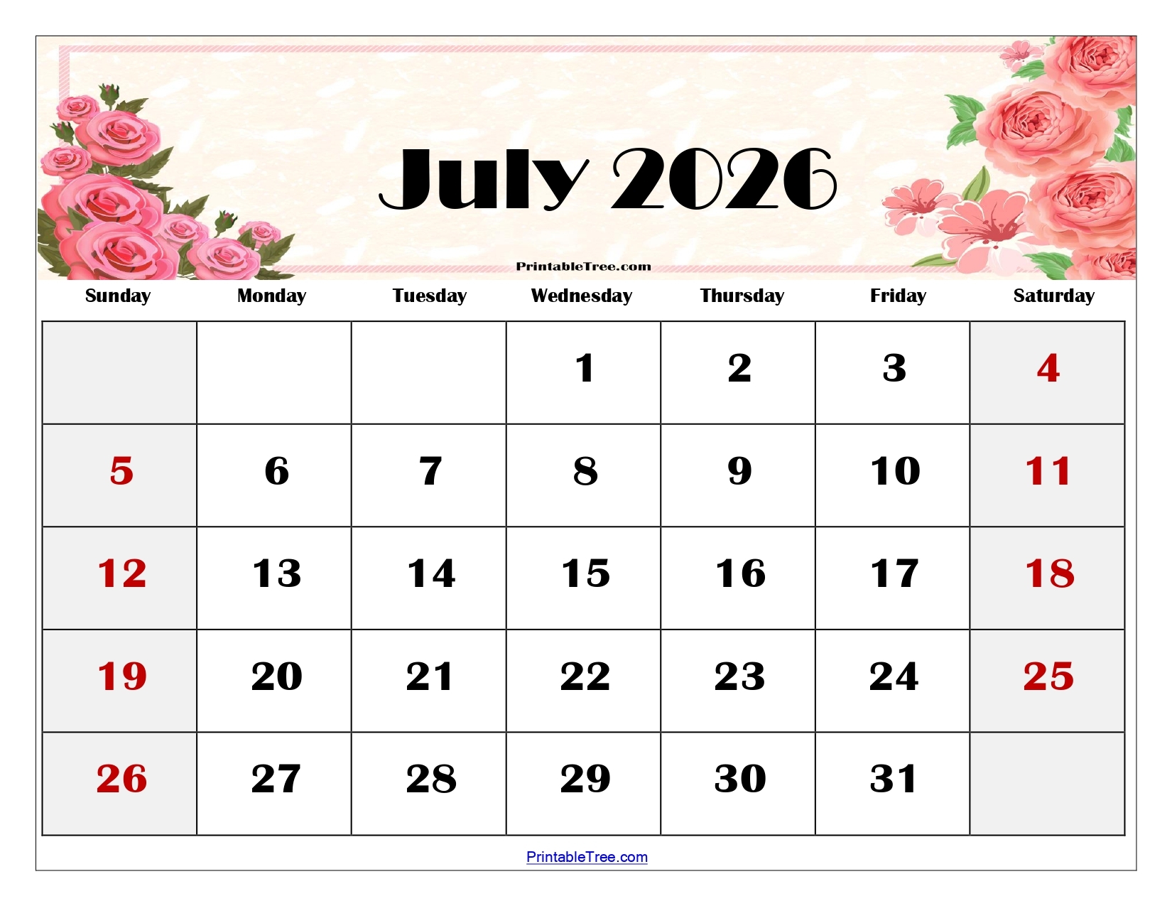 Blank Calendar July 2026 Printable