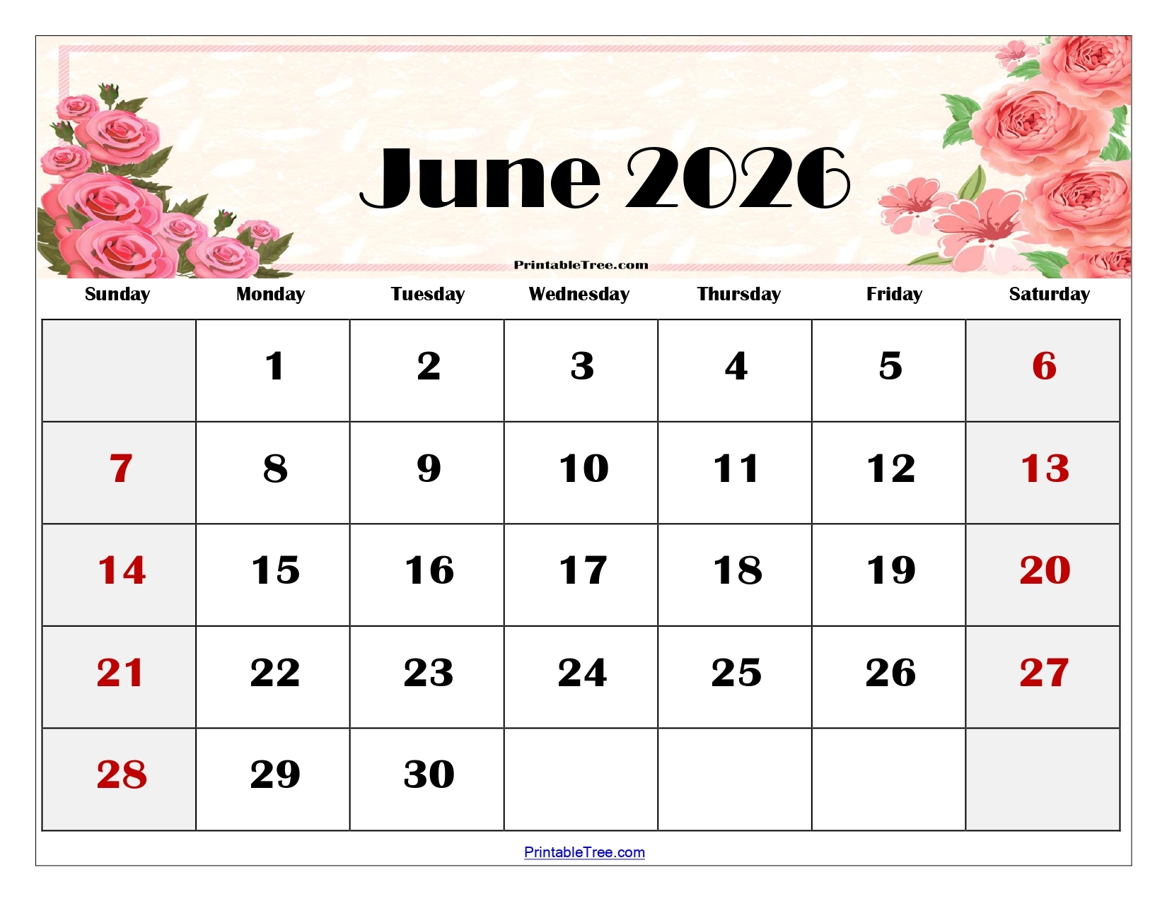 Printable June Blank Calendar 2026