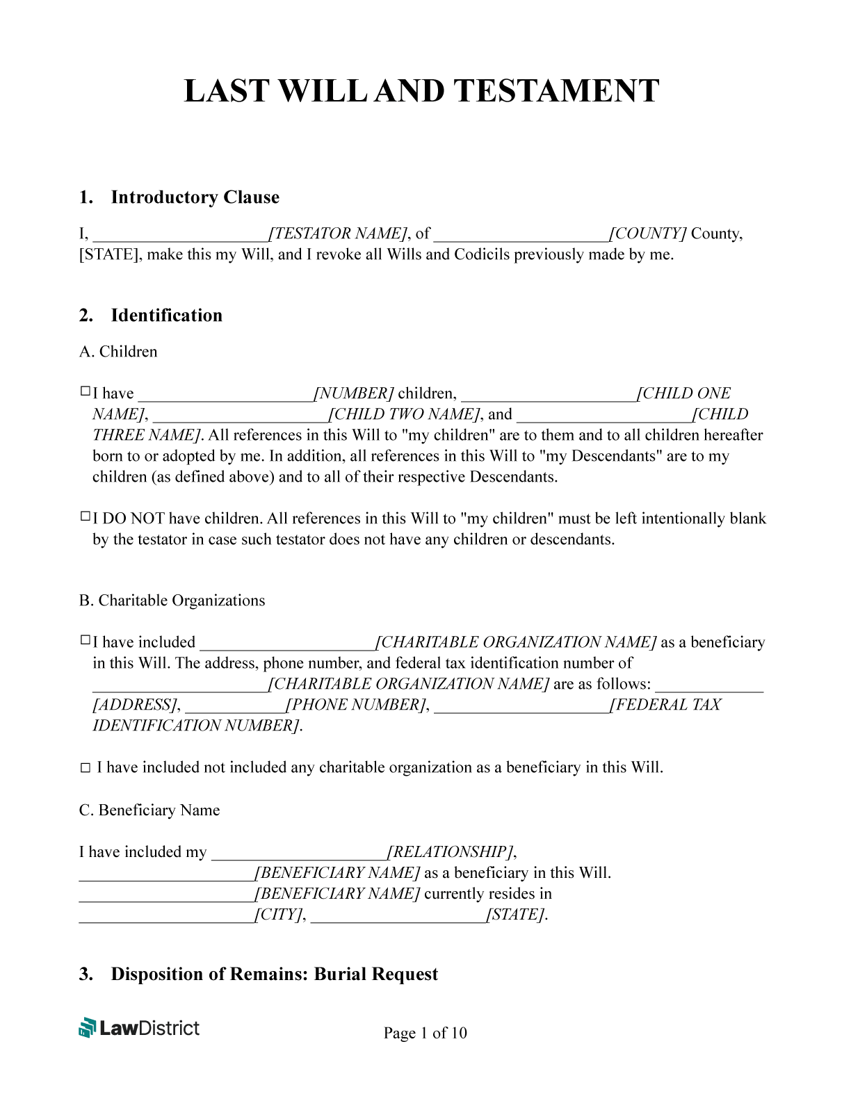 free last will testament form printable pdf word lawdistrict