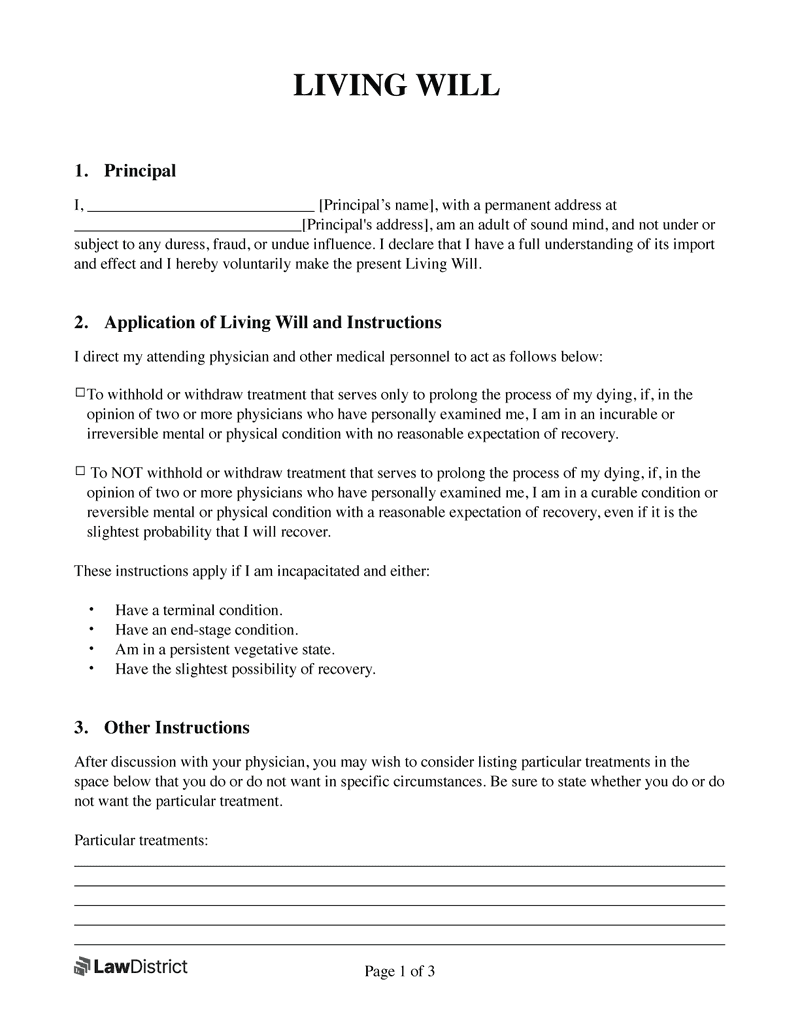 Free Living Will Template With Sample PDF Word LawDistrict
