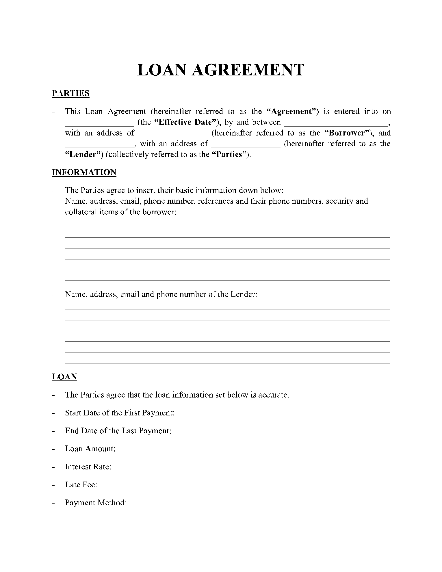 Printable Blank Loan Agreement