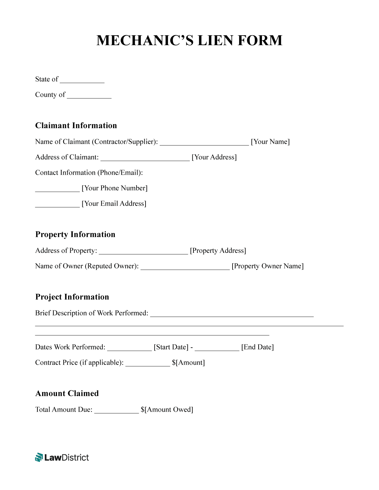 Free Mechanic s Lien Form PDF Word Template LawDistrict