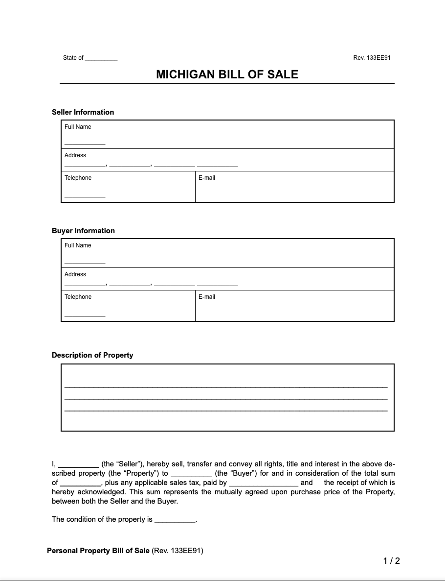 Free Michigan Bill Of Sale Forms Printable PDF Word