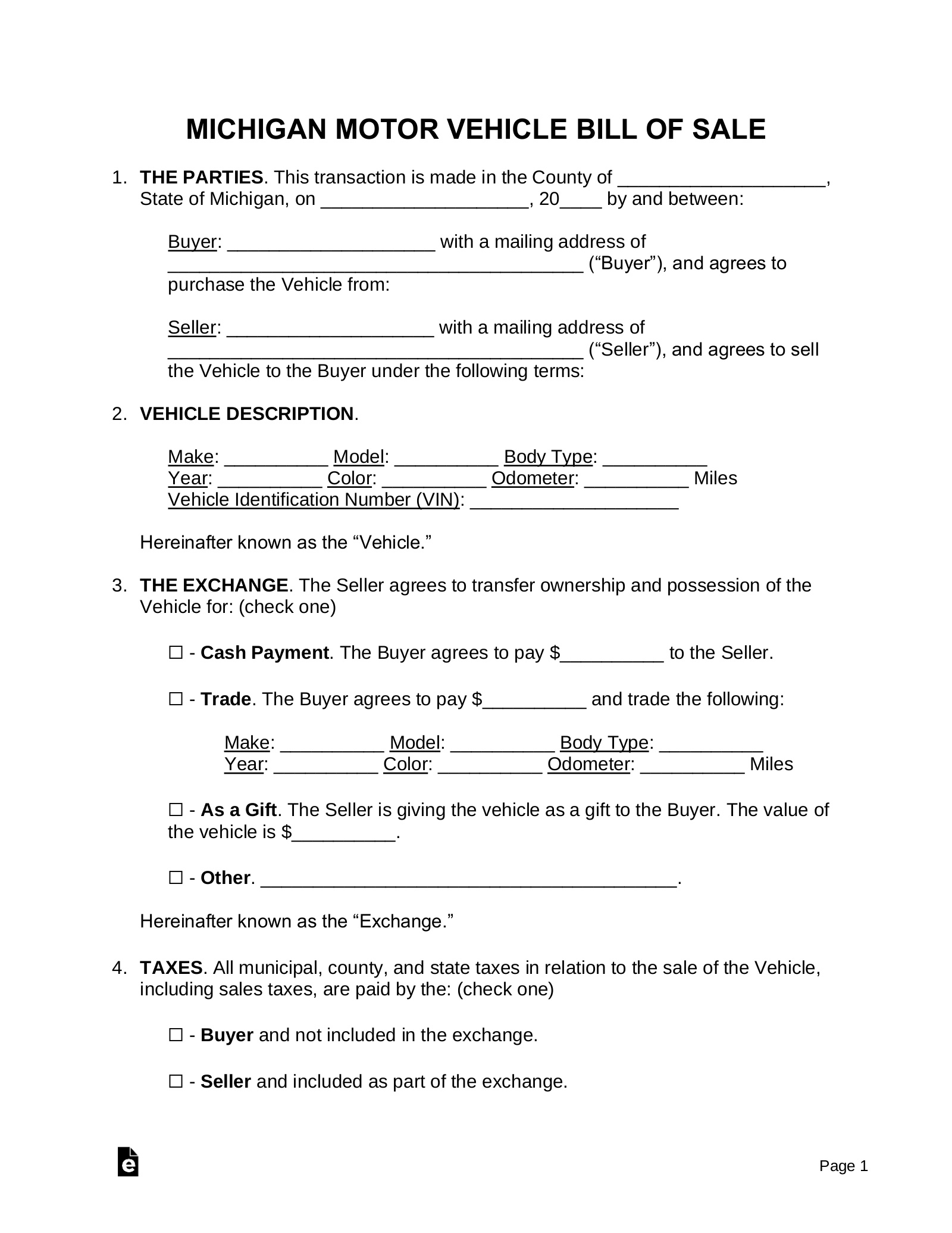 Free Michigan Motor Vehicle Bill Of Sale Form PDF Word EForms