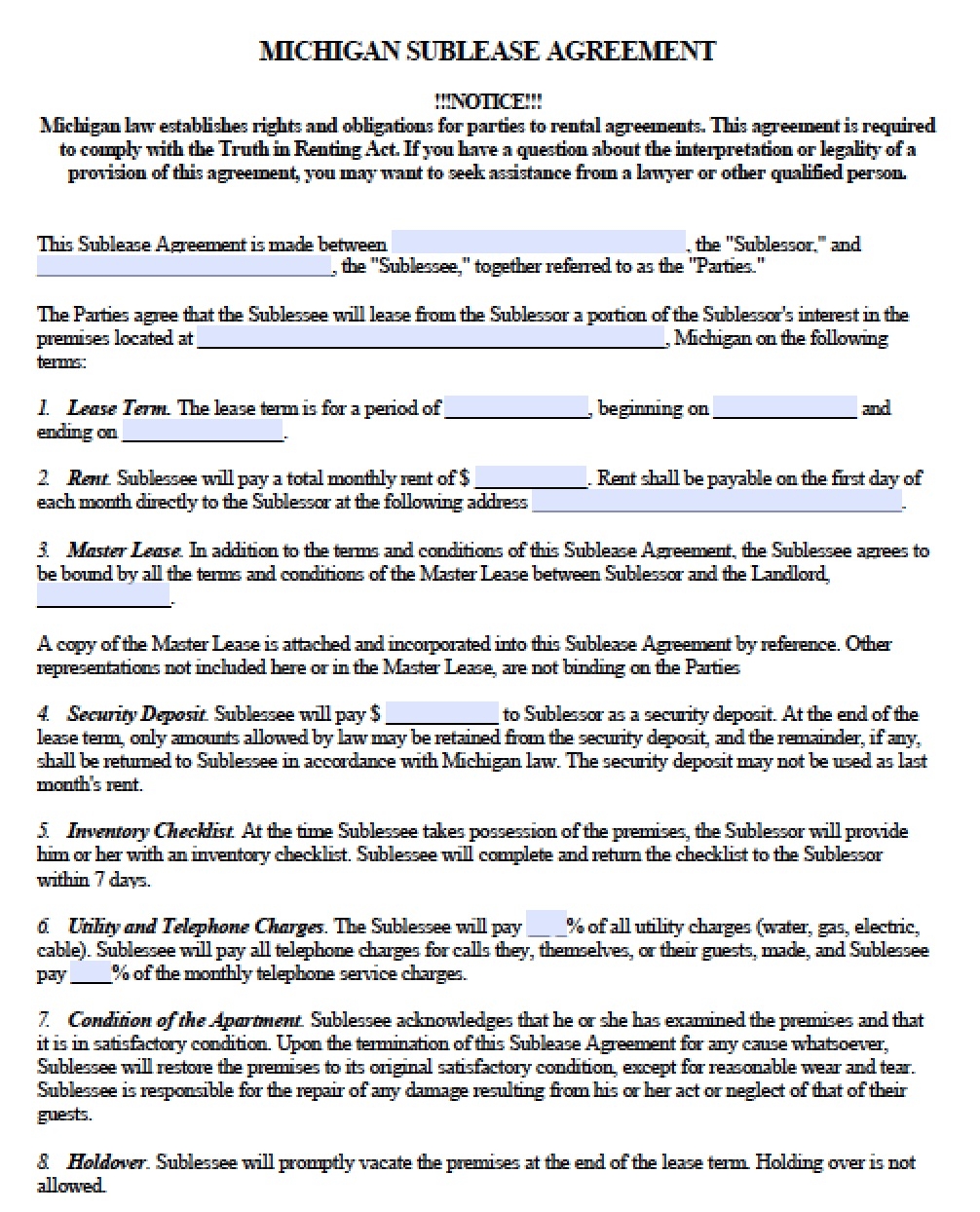 Free Michigan Rental Lease Agreement Templates PDF Word