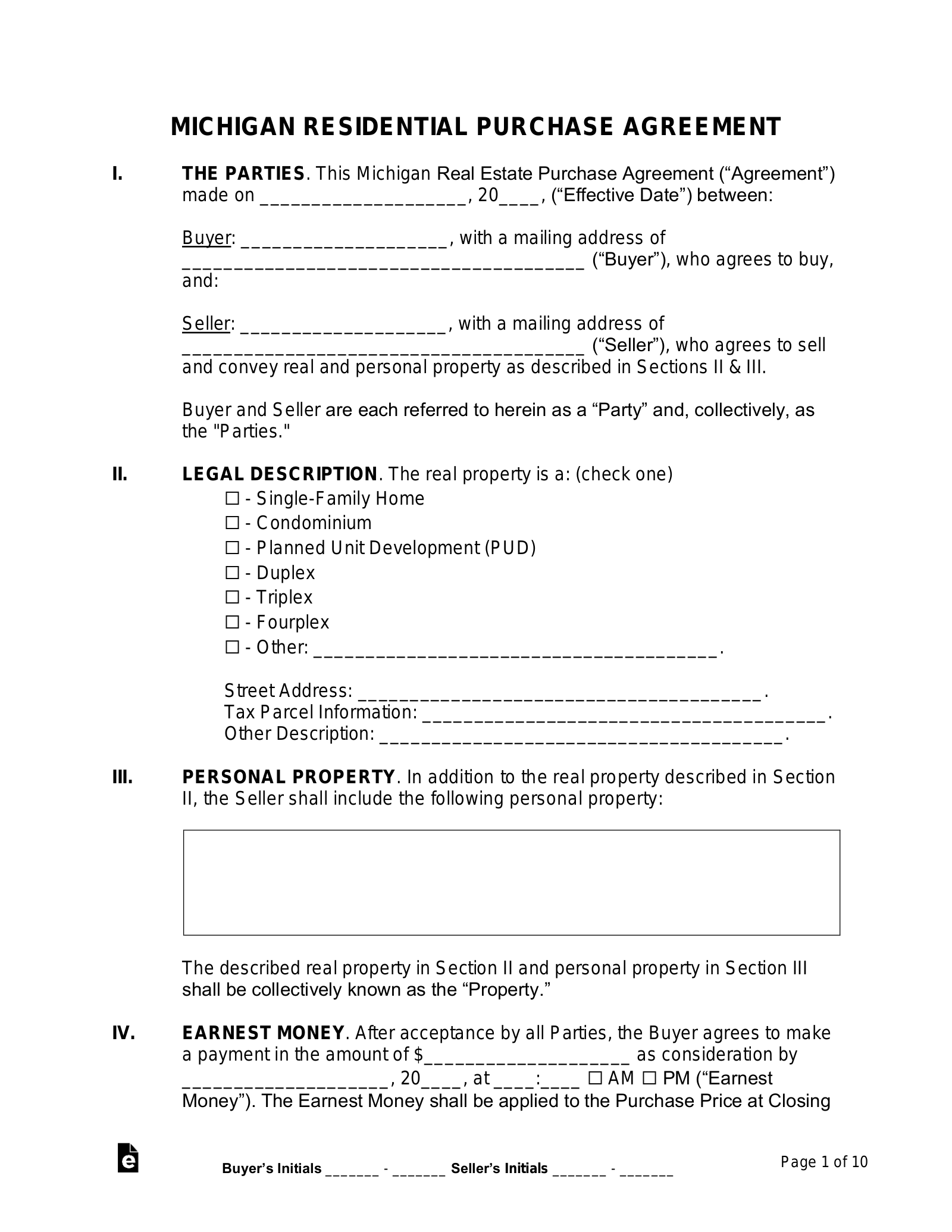 Free Michigan Residential Purchase Agreement Template PDF Word EForms