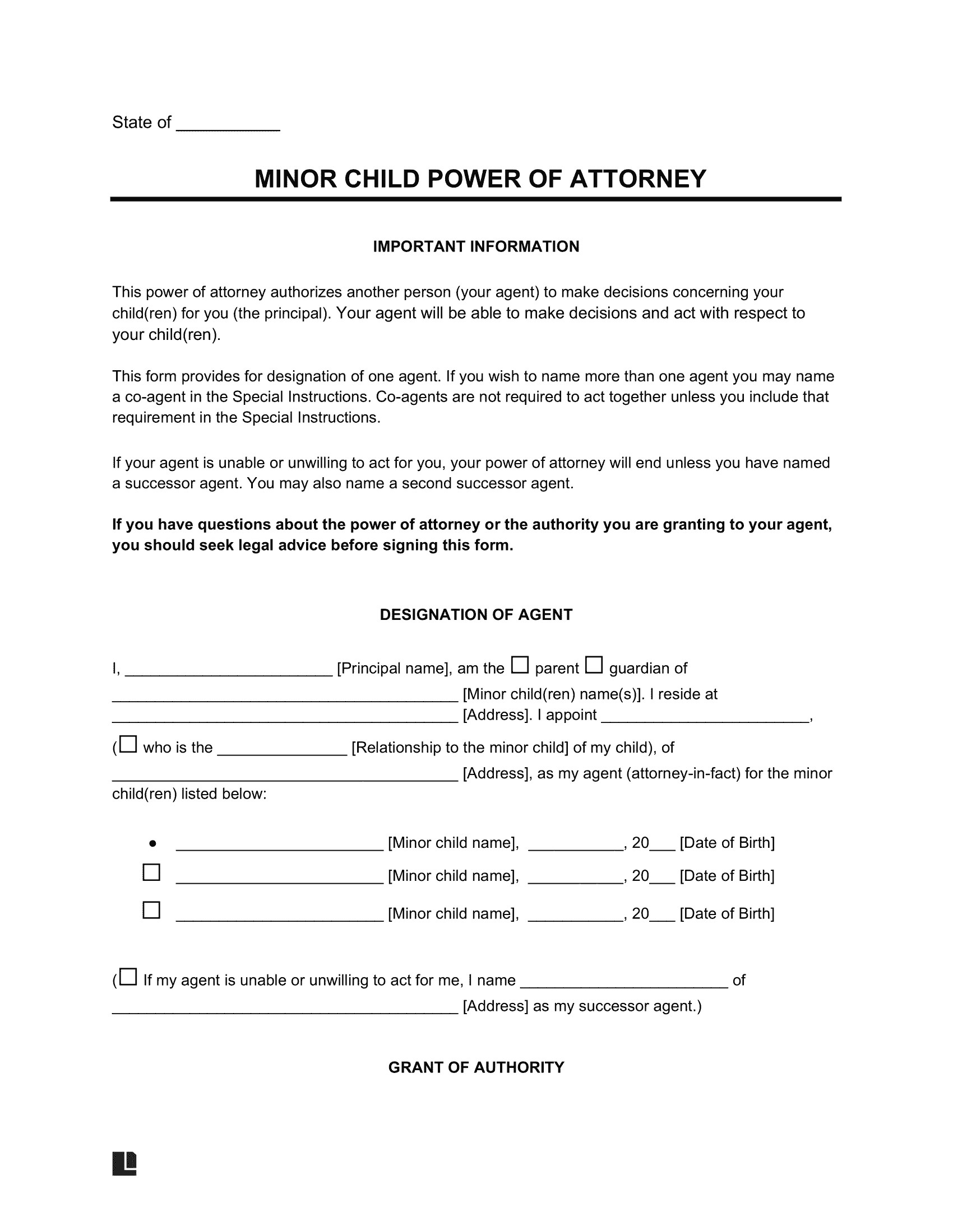 Free Minor Child Power Of Attorney Template PDF Word