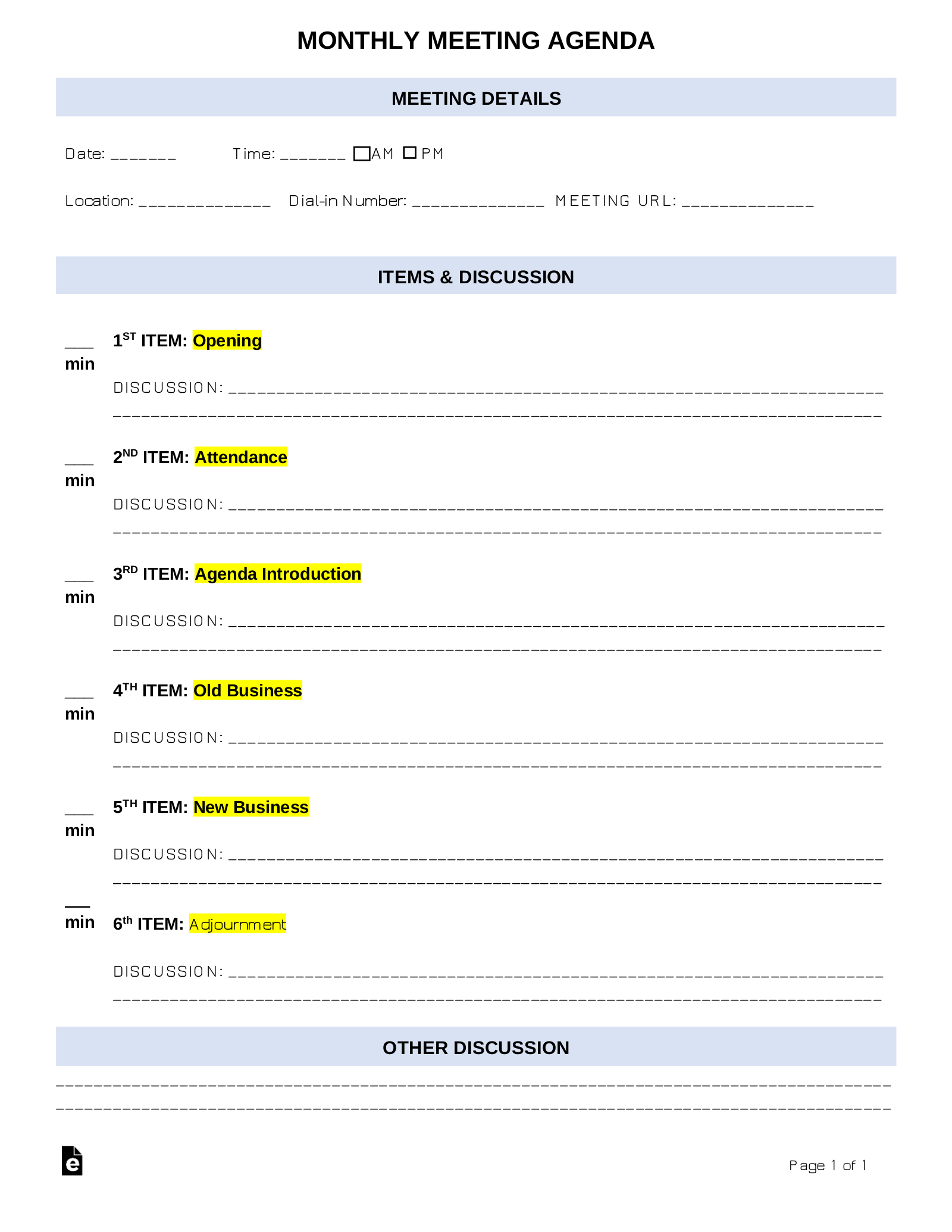Free Monthly Meeting Agenda Template PDF Word EForms