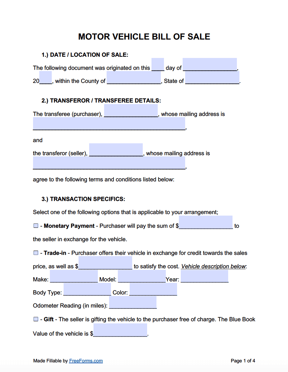 Blank Bill Of Sale Car Form Printable