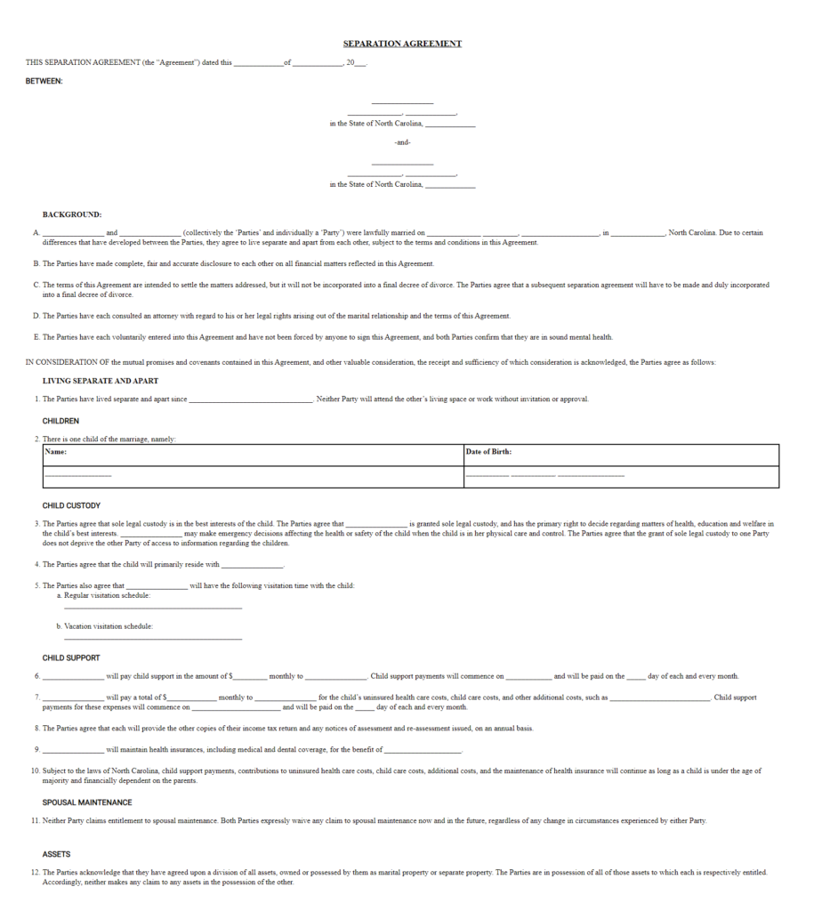 Free North Carolina Marital Separation Agreement Forms Legal