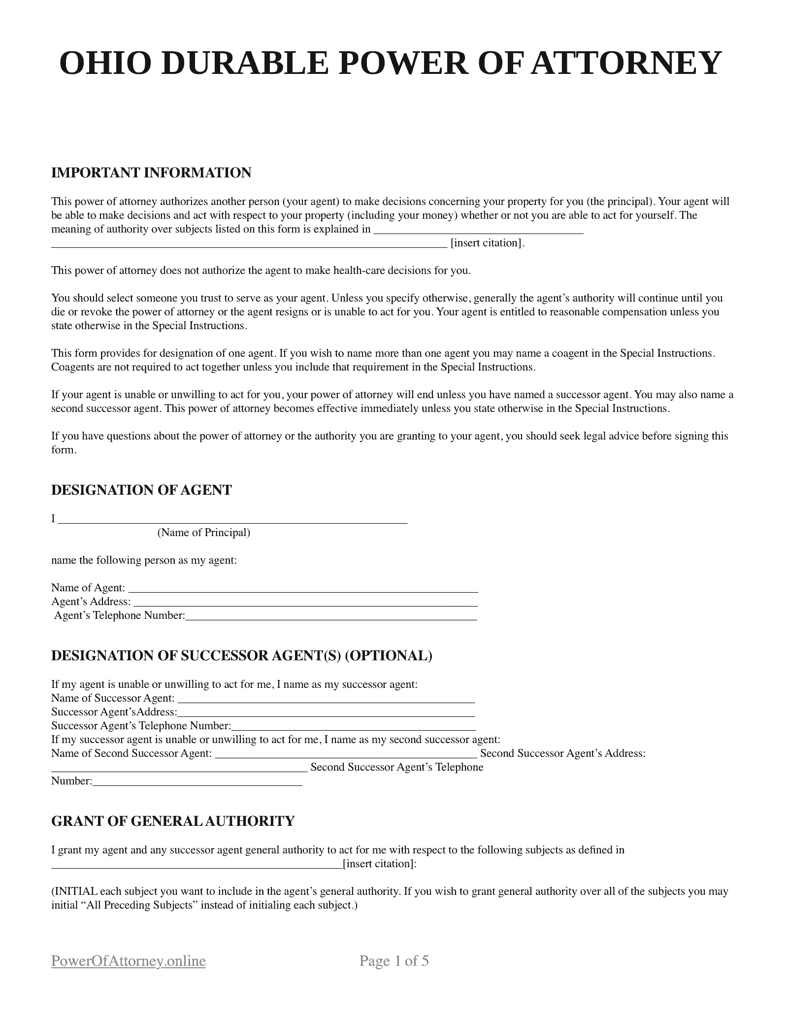 Printable Blank Power Of Attorney Form