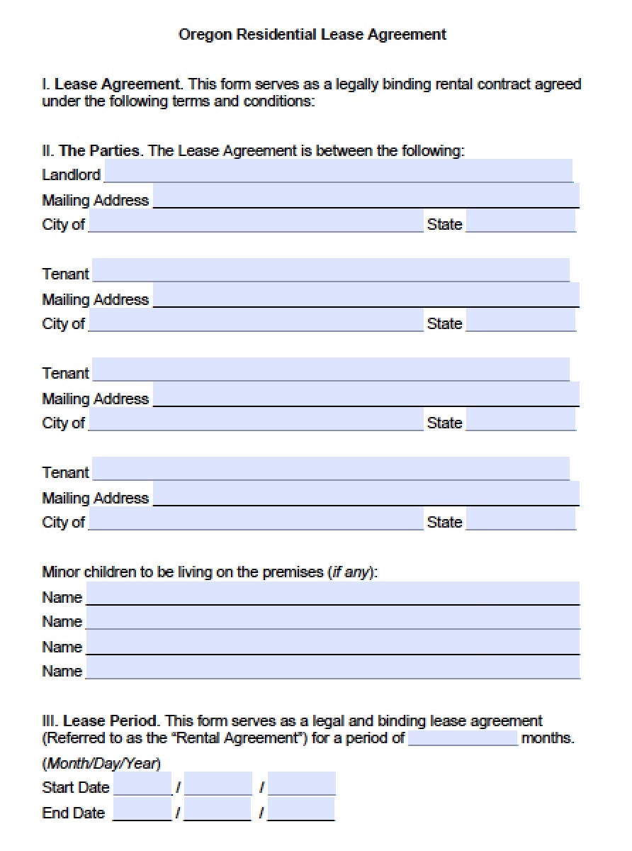 Free Oregon Rental Lease Agreement Templates PDF Word