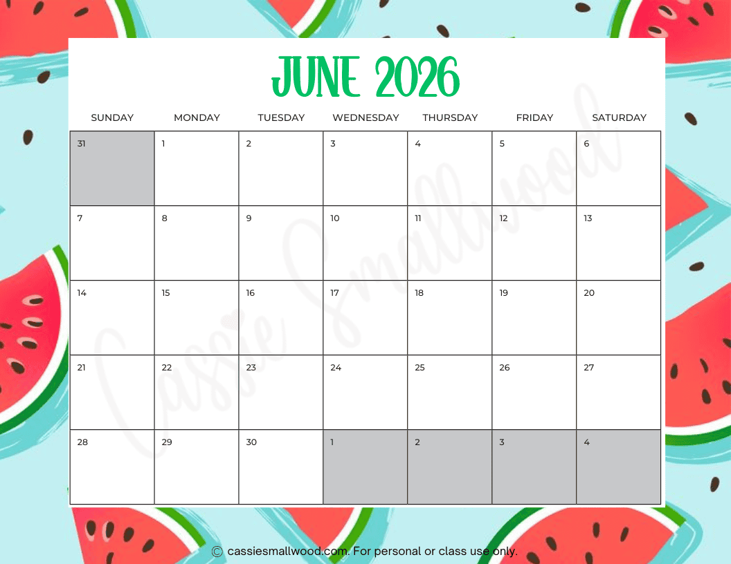 Printable Blank Calendar June 2026