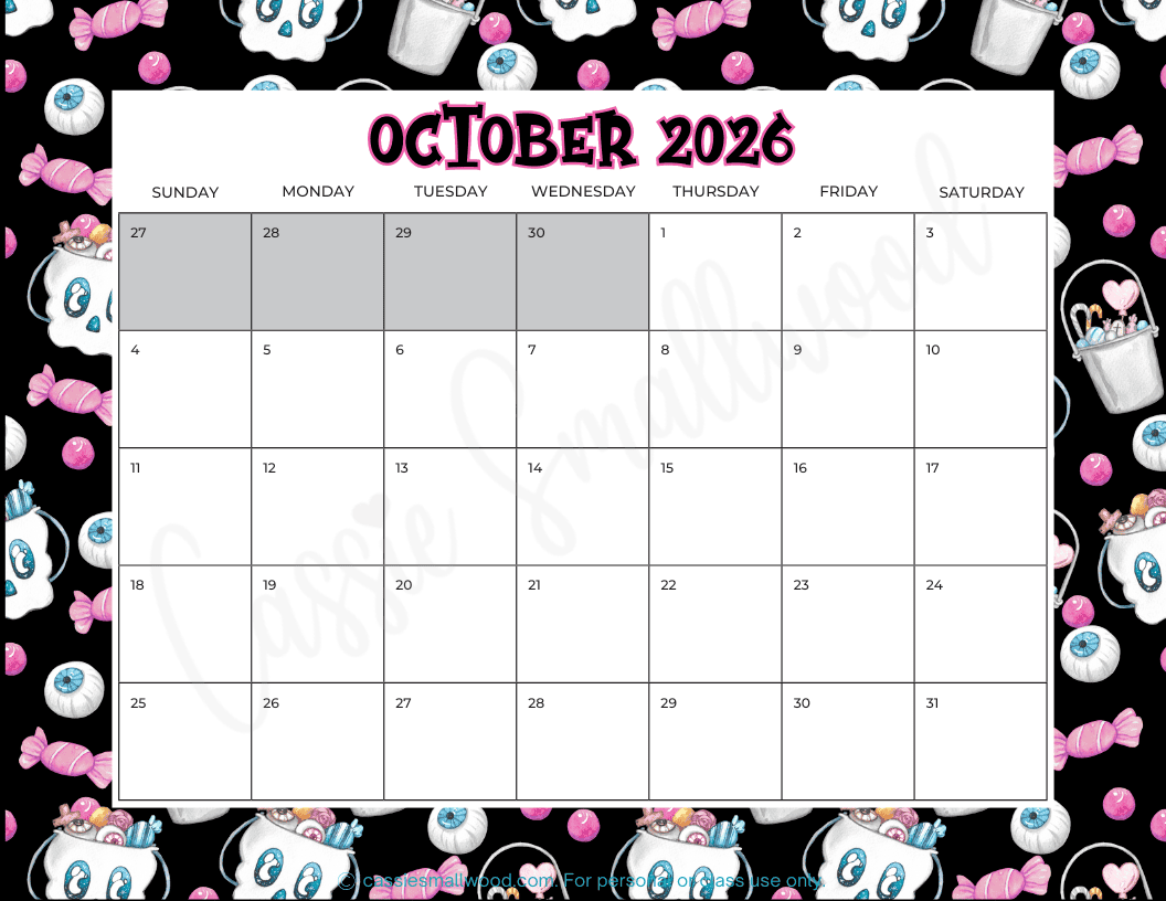 FREE PRINTABLE 2026 OCTOBER CALENDAR Cassie Smallwood