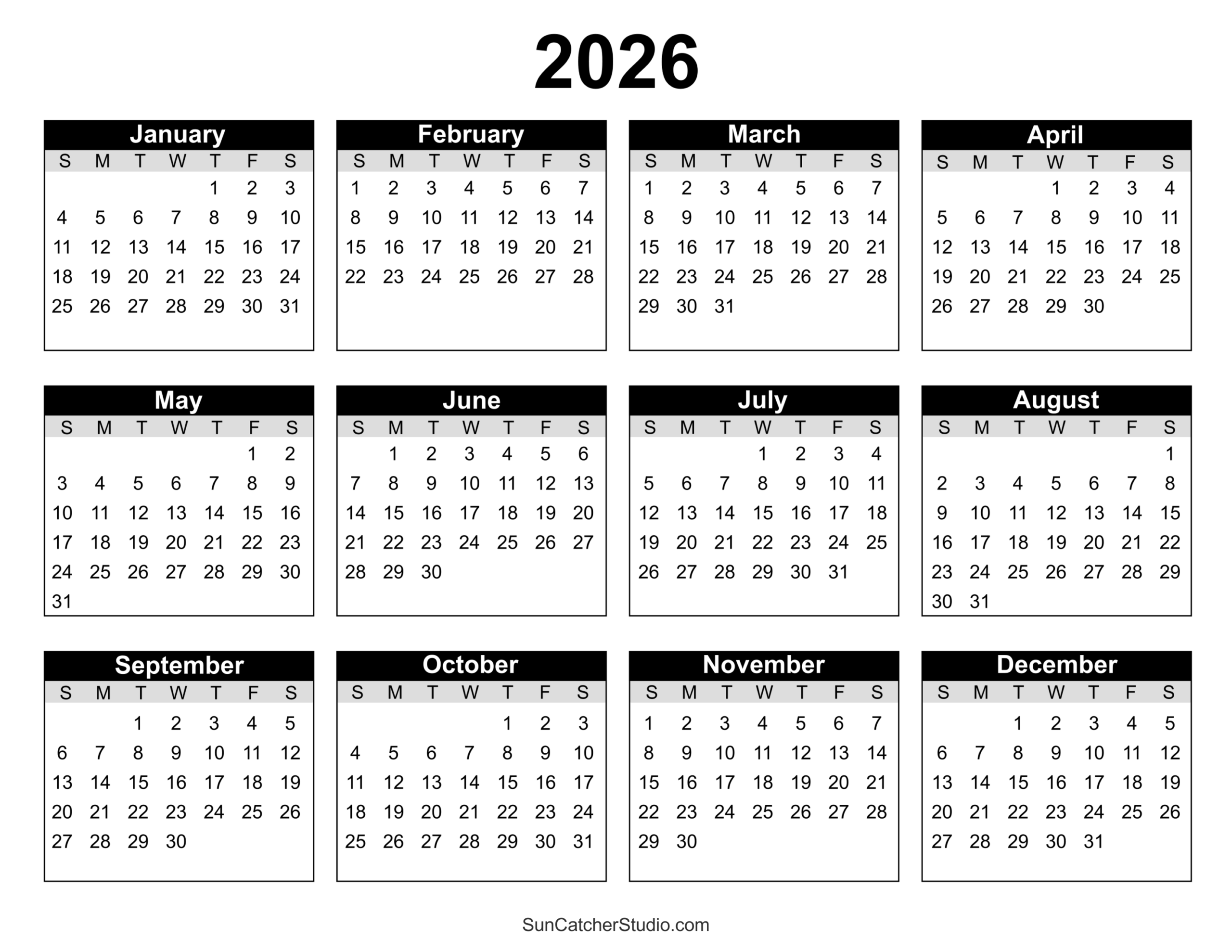 Free Printable 2026 Yearly Calendar Free Printables Monograms Design Tools Patterns DIY Projects