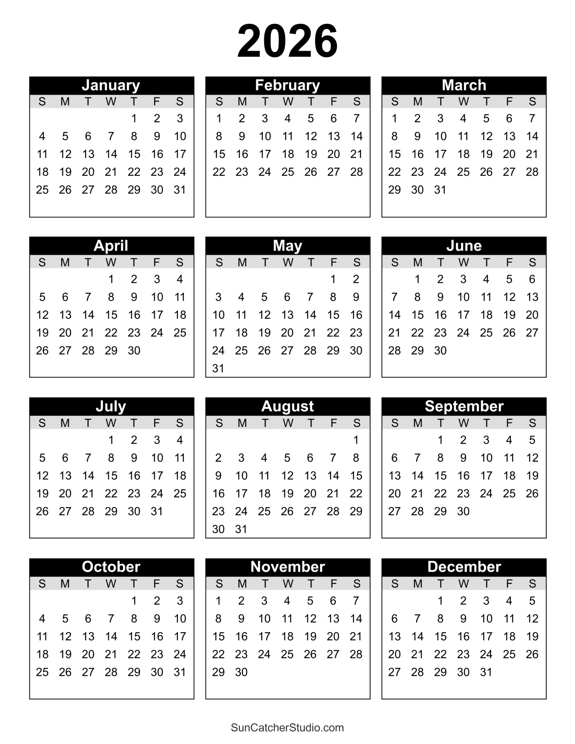 Free Printable 2026 Yearly Calendar Free Printables Monograms Design Tools Patterns DIY Projects