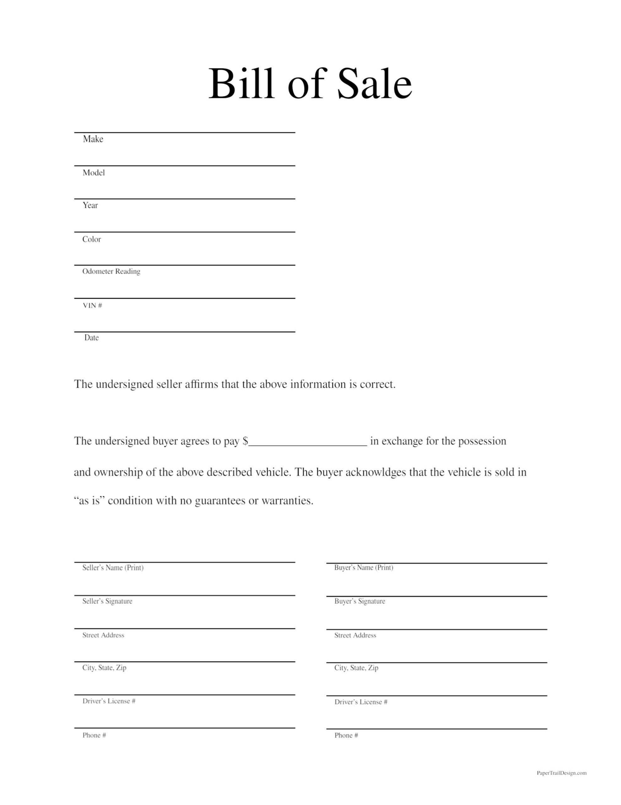 Bill Of Sale Blank Form Printable