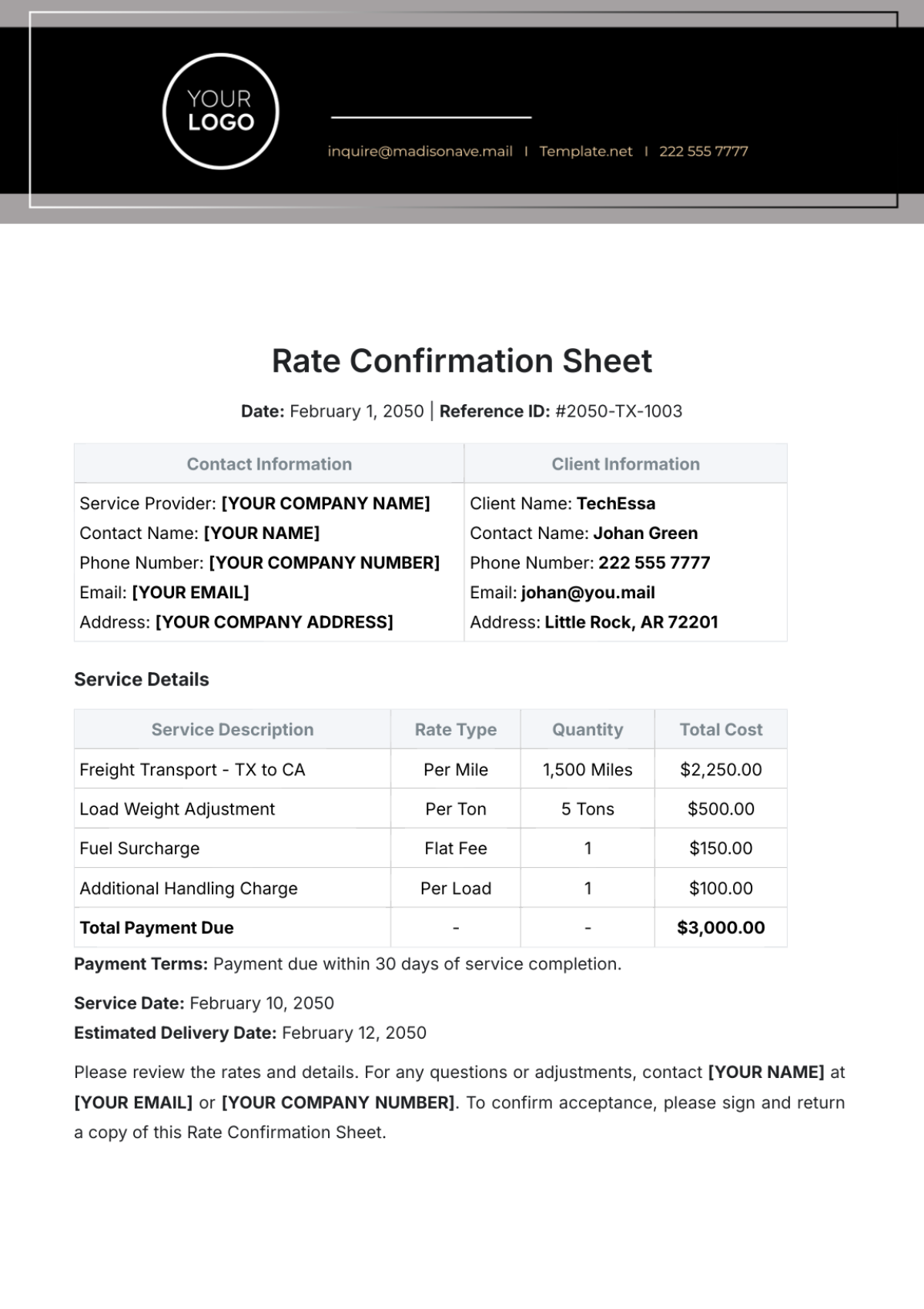 Free Rate Confirmation Sheet Template To Edit Online