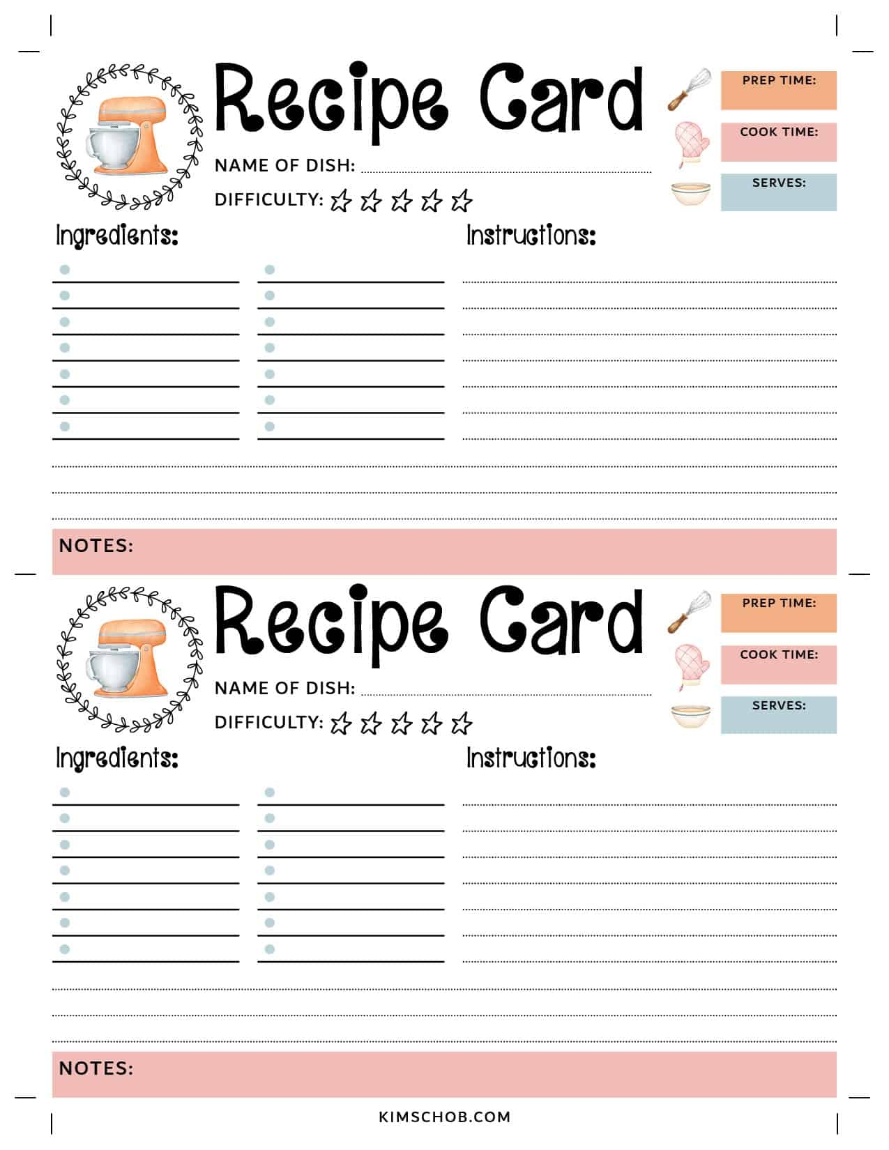 Free Recipe Card Printable Kim Schob