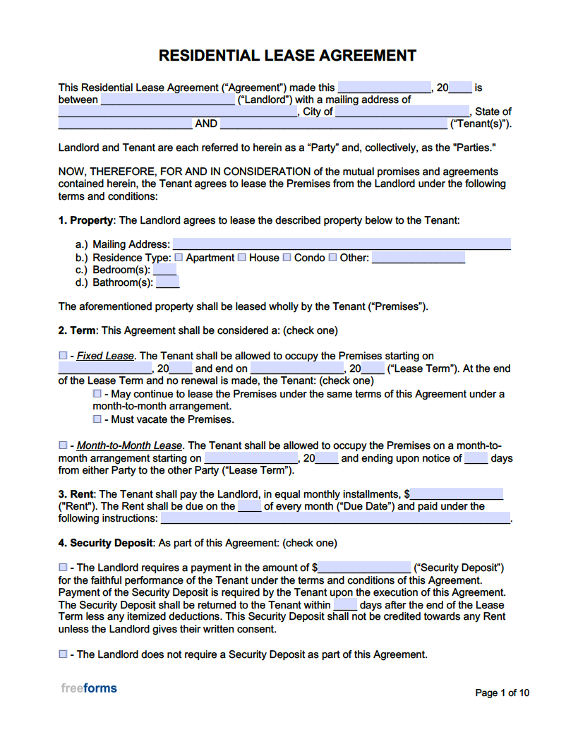 Free Printable Blank Lease Agreement