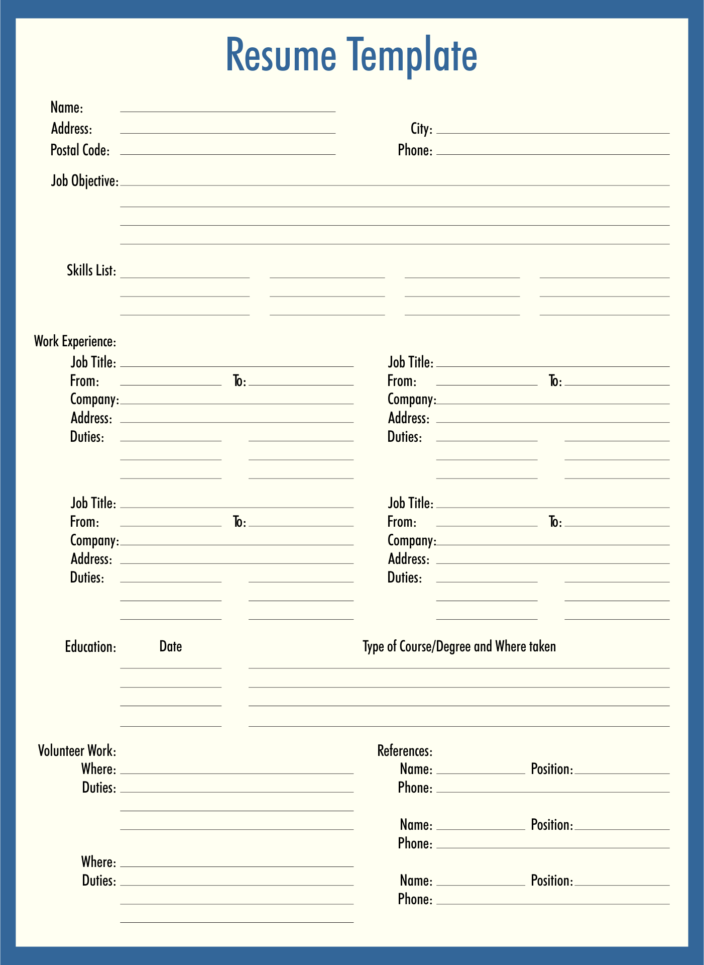 Resume Form Printable Blank