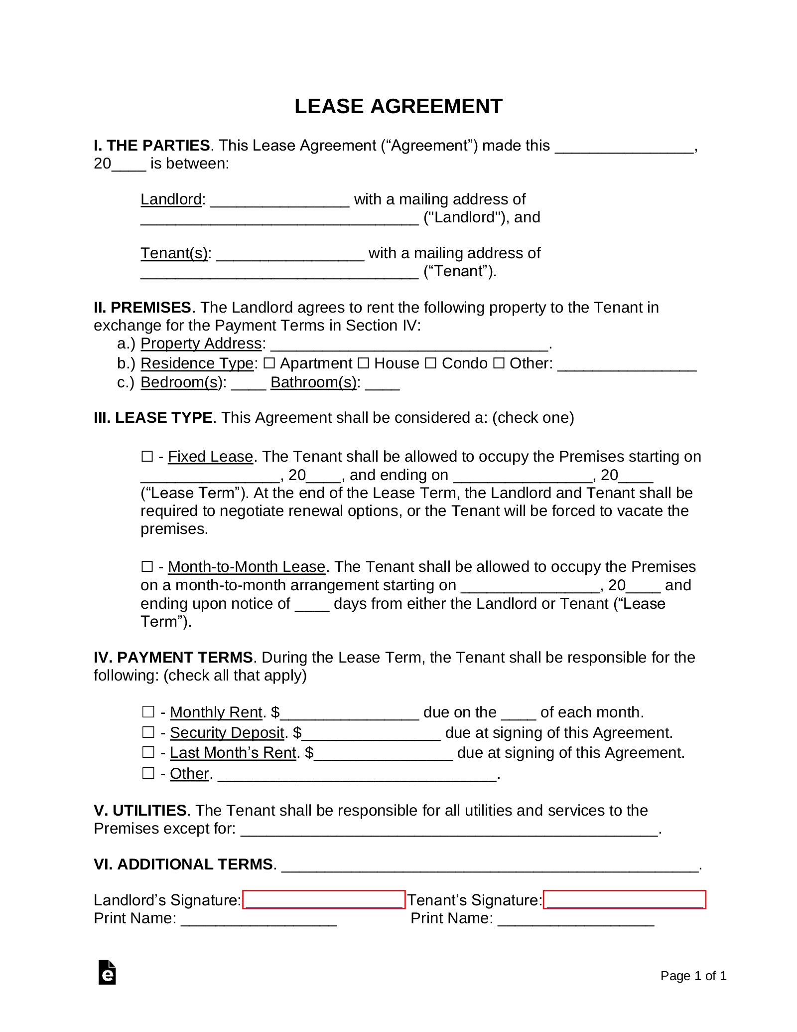 Free Simple 1 Page Lease Agreement Template Sample PDF Word EForms Free Simple 1 Page Lease Agreement Template Sample PDF Word EForms
