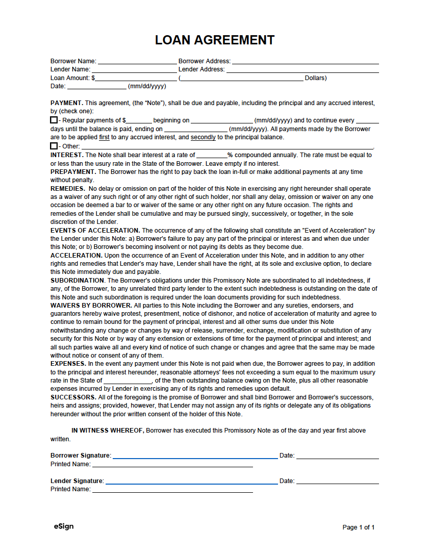 Free Printable Blank Loan Agreement