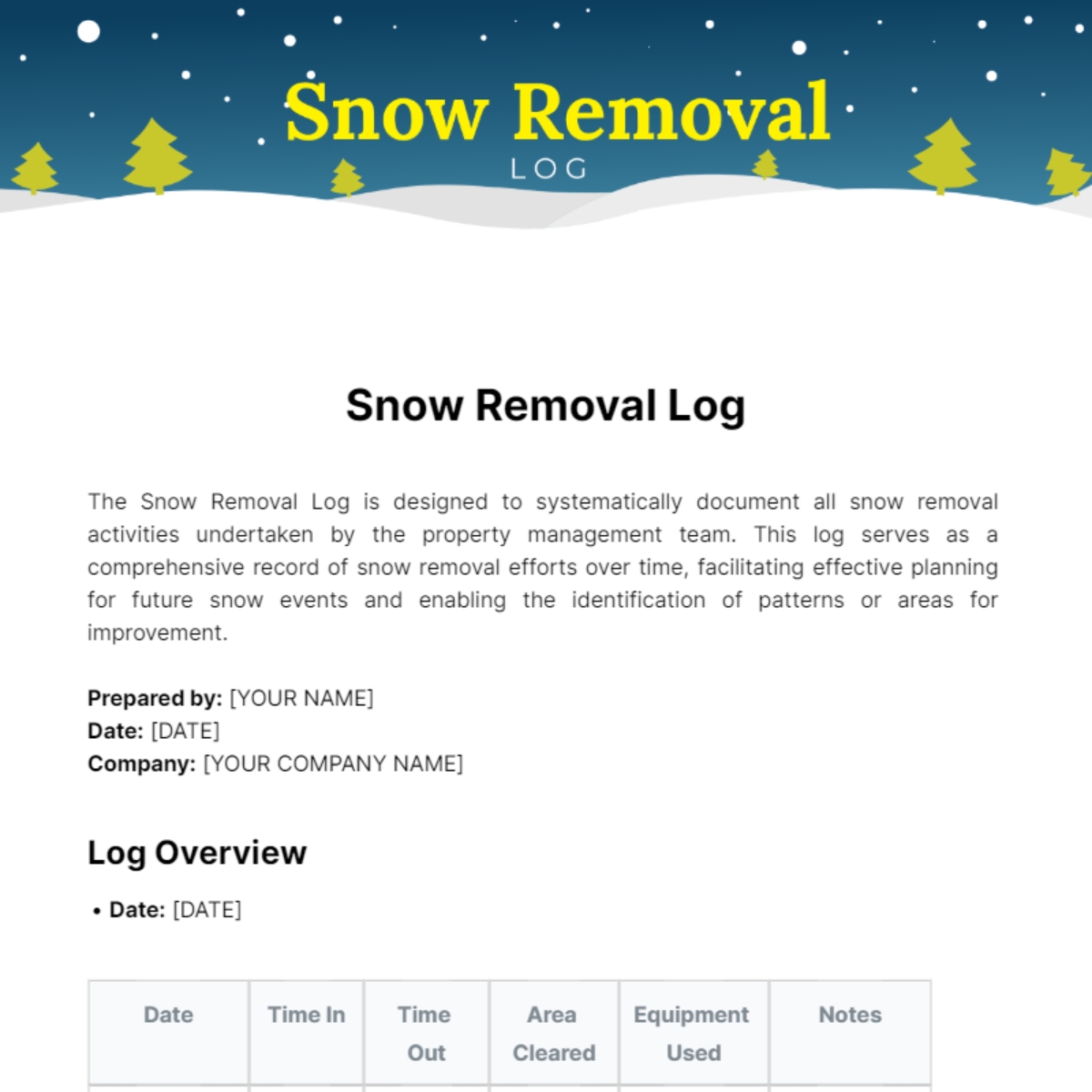 Free Snow Removal Log Template To Edit Online