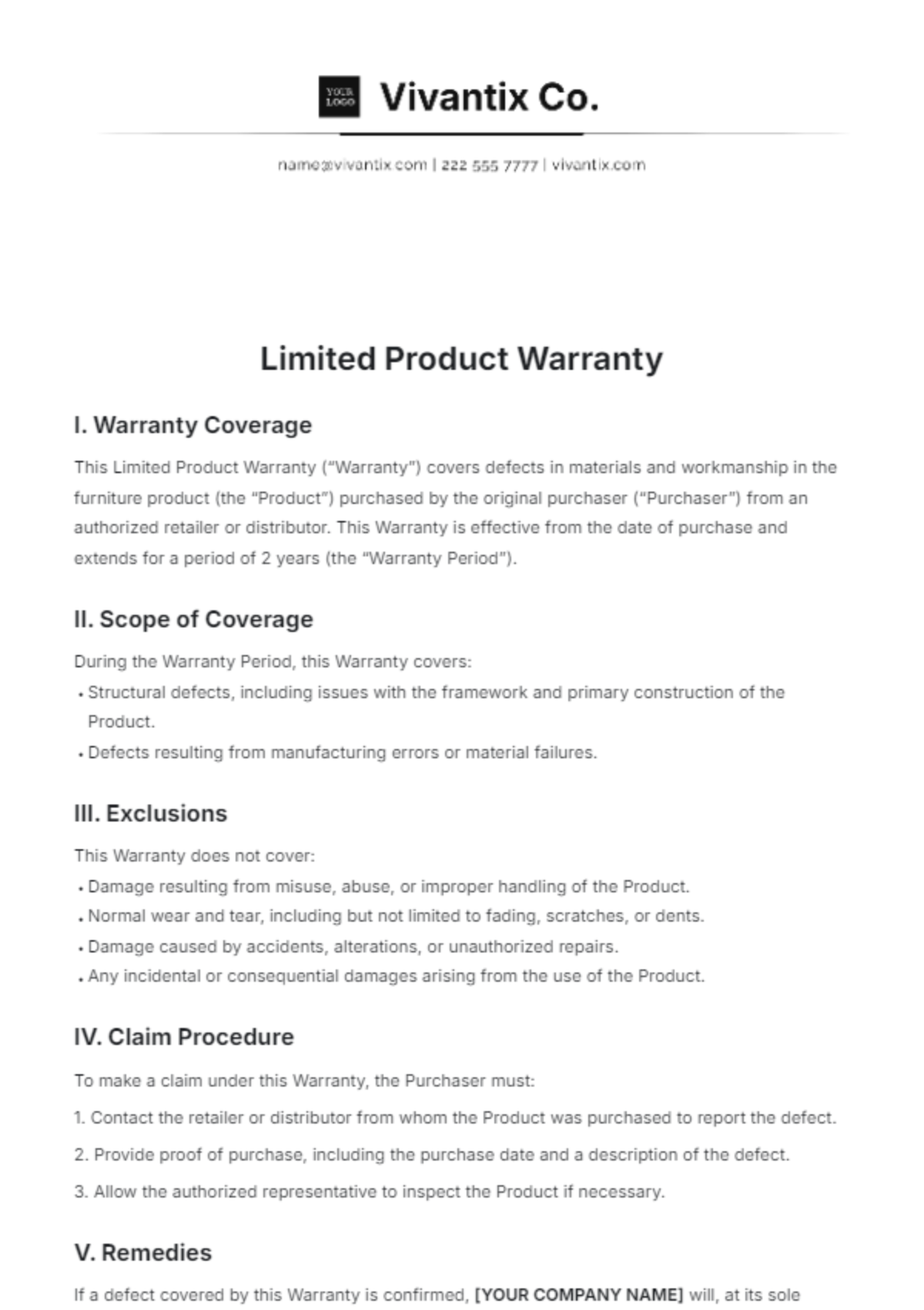 Blank Printable Product Warranty Form