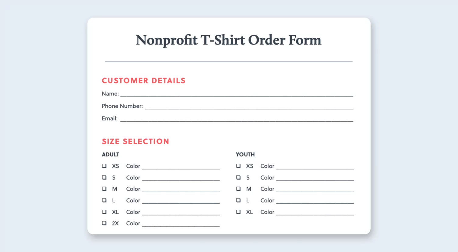 Printable Blank T-Shirt Order Form