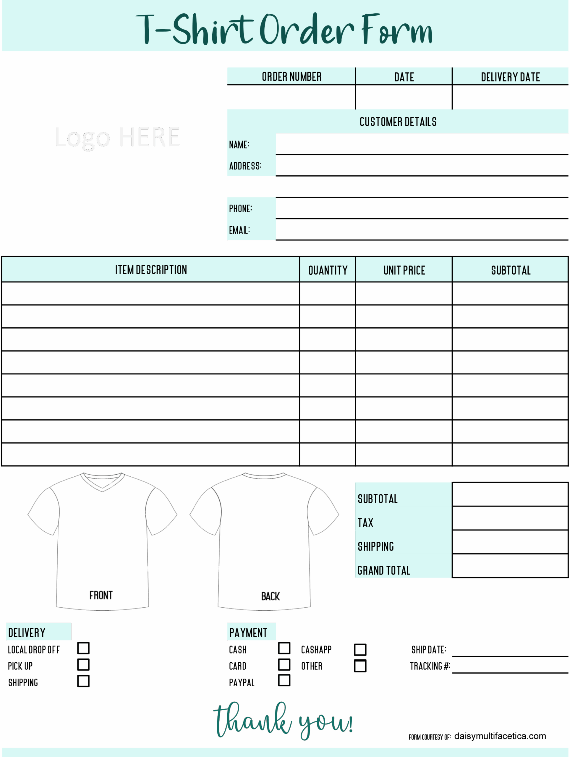 Customizable Printable Blank T-Shirt Order Form Customizable Printable Blank T-Shirt Order Form