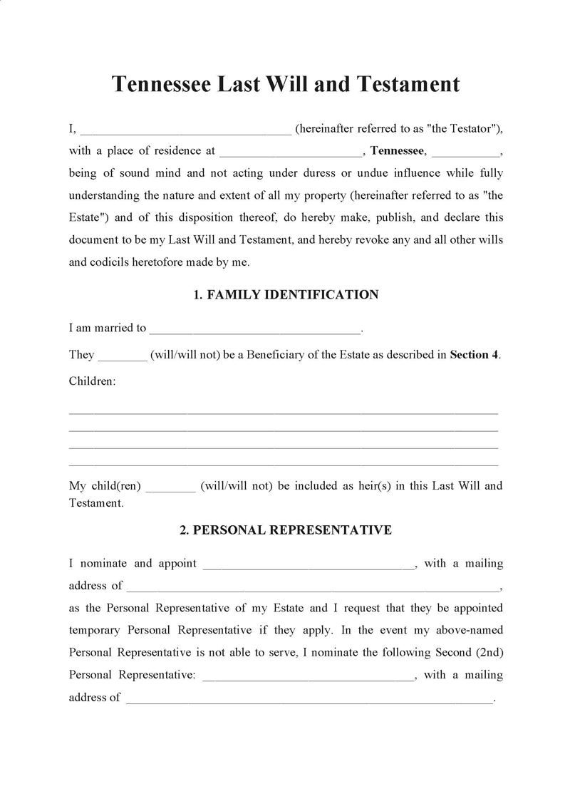Free Tennessee Last Will And Testament Forms PDF Word 