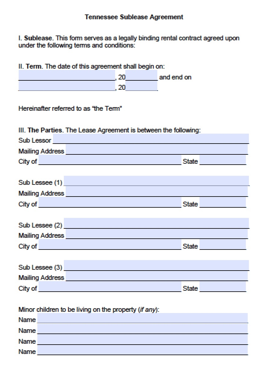 Blank Tennessee Rental Lease Agreement Printable