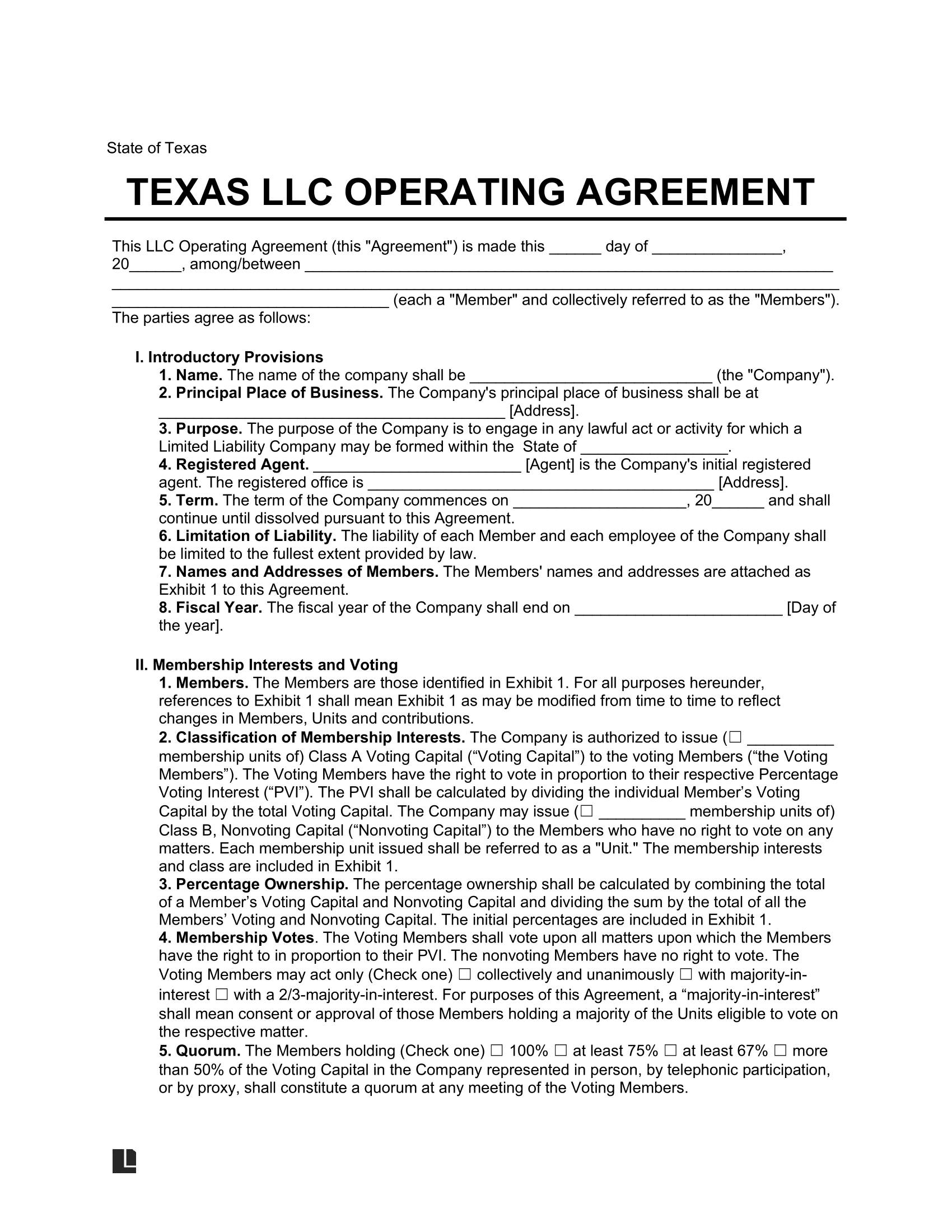 Free Texas LLC Operating Agreement Template PDF Word
