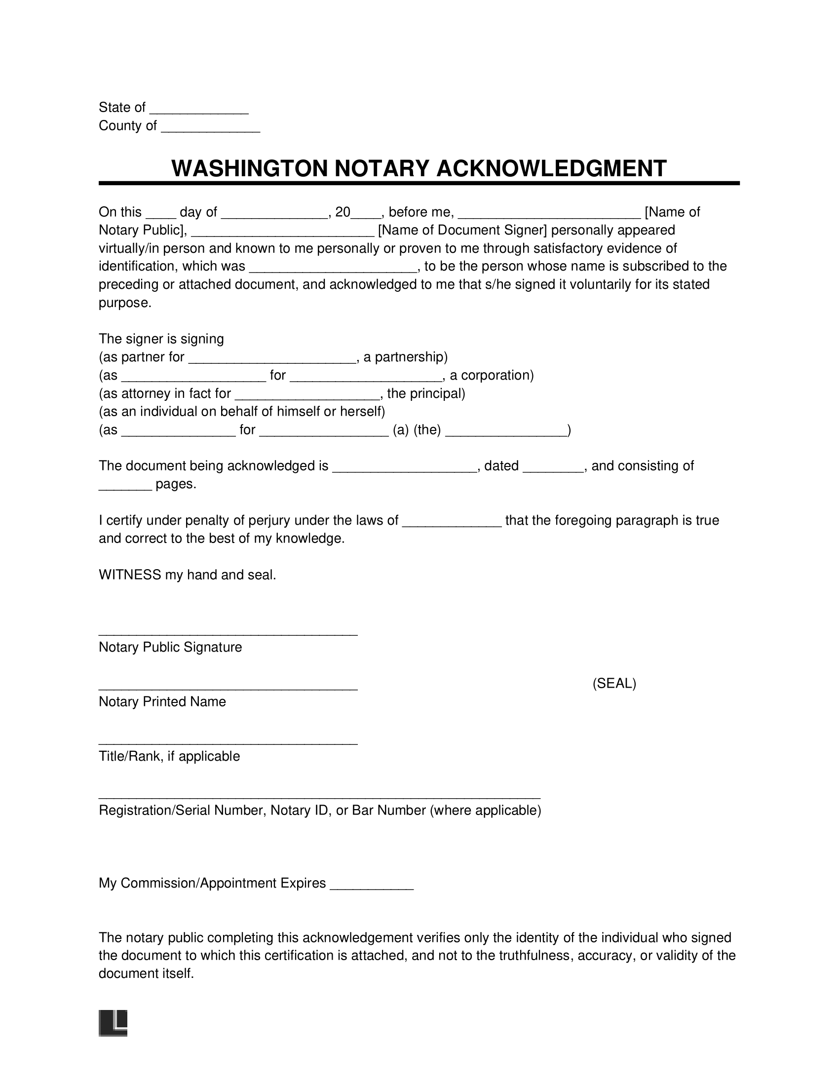 Free Washington Notary Acknowledgment Form PDF Word