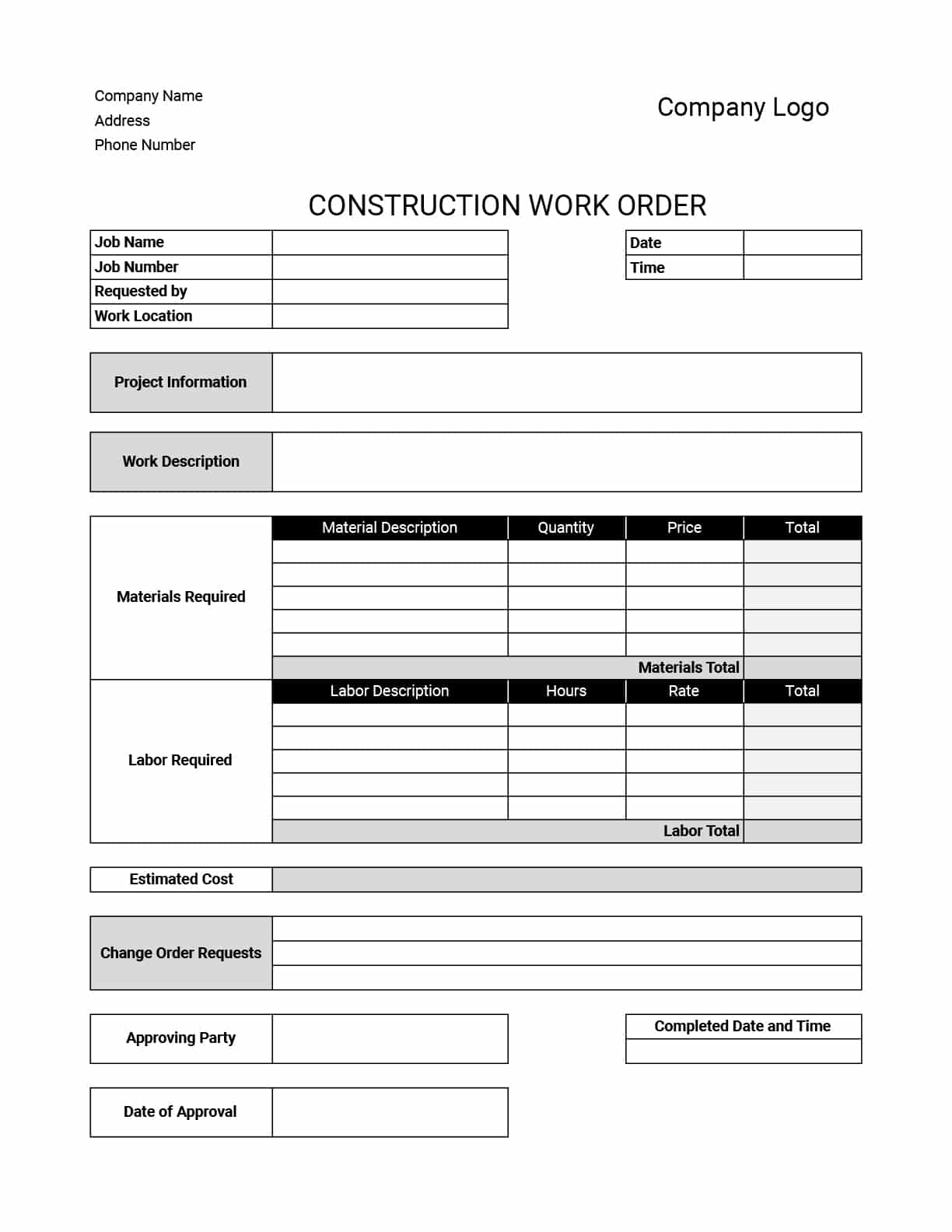 Printable Blank Work Order Form