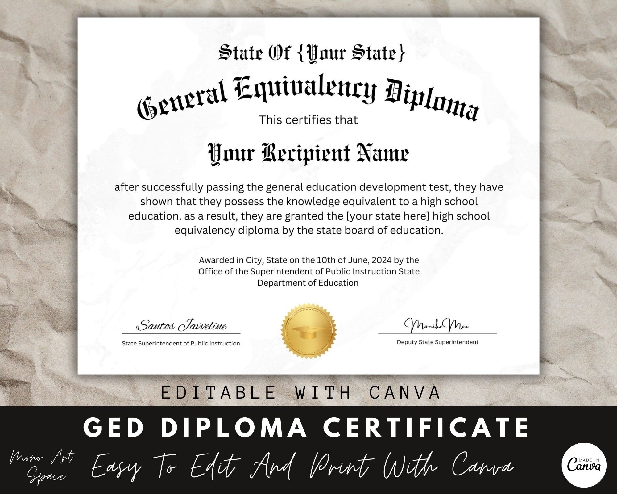 GED Diploma Certificate With Seal Canva Template Editable Certificate Diploma Certificate School Equivalency Diploma Instant Download Etsy