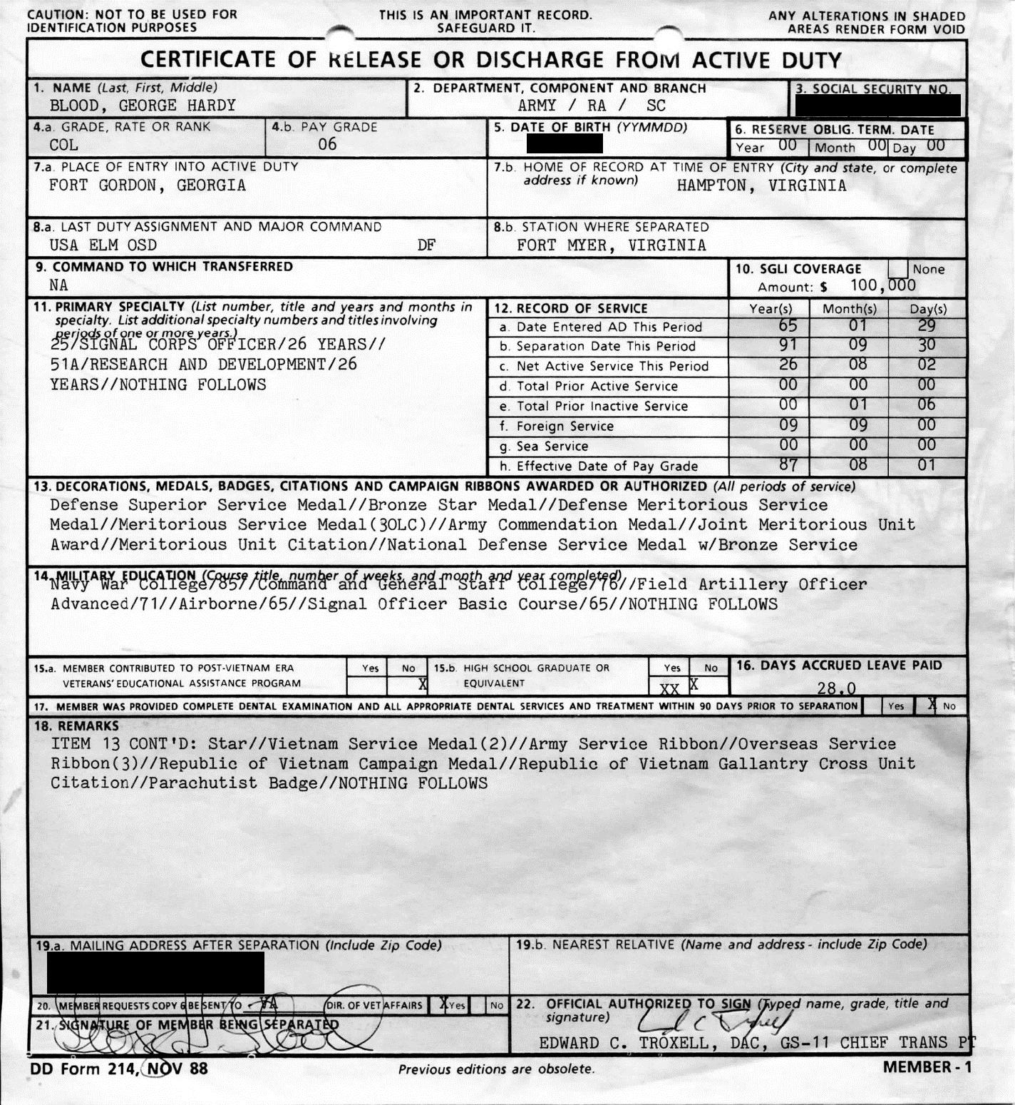 George Hardy Blood Collection Discharge Documents DD 214 Library Of Congress