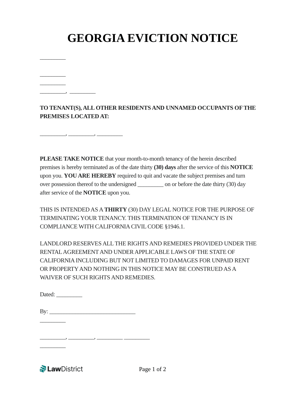 Georgia Eviction Notice Forms And Templates PDF Word LawDistrict