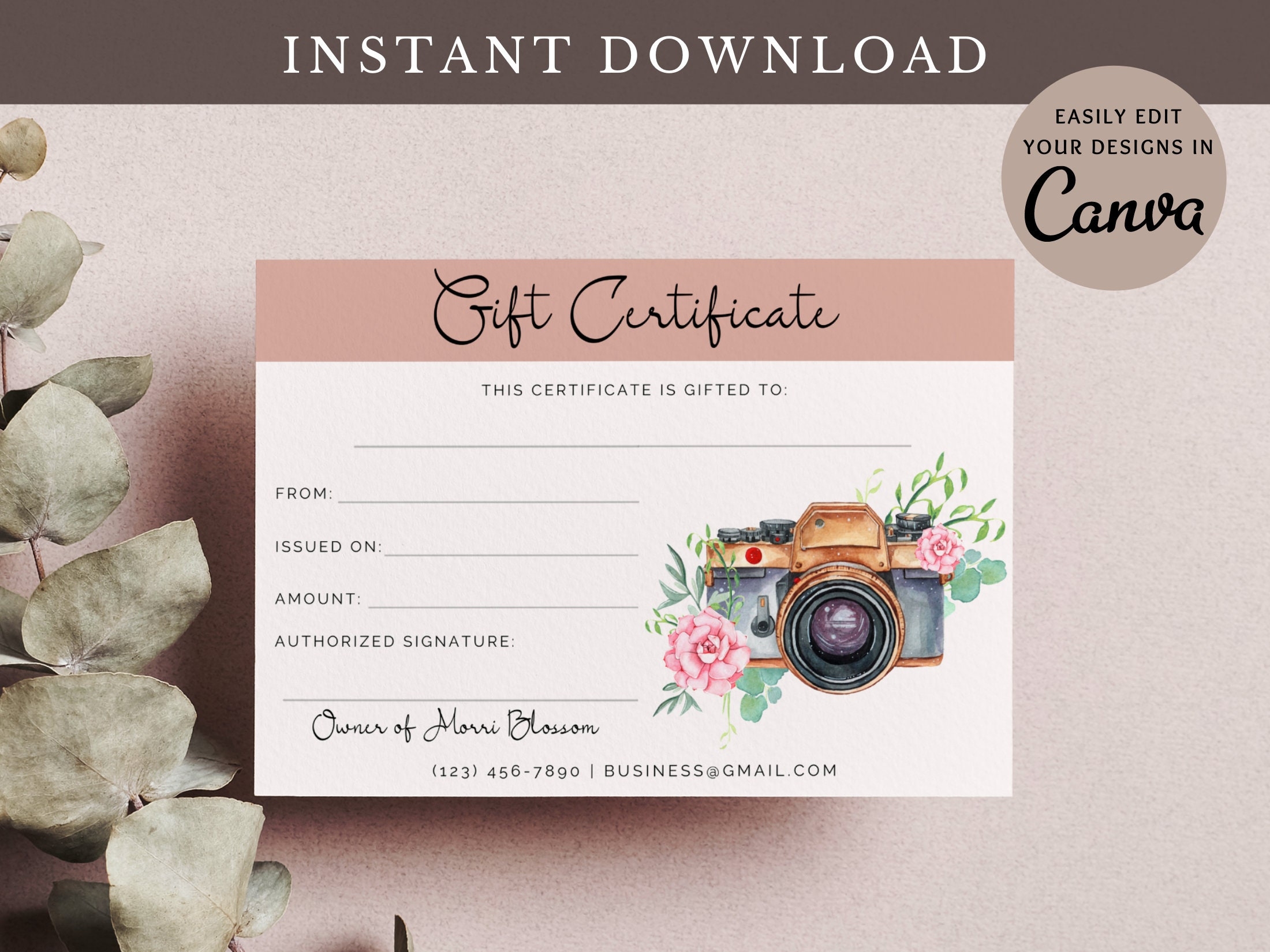Gift Certificate Photography Gift Card Canva Template Photo Shoot Voucher Photo Session Card Watercolor Camera Customizable Etsy